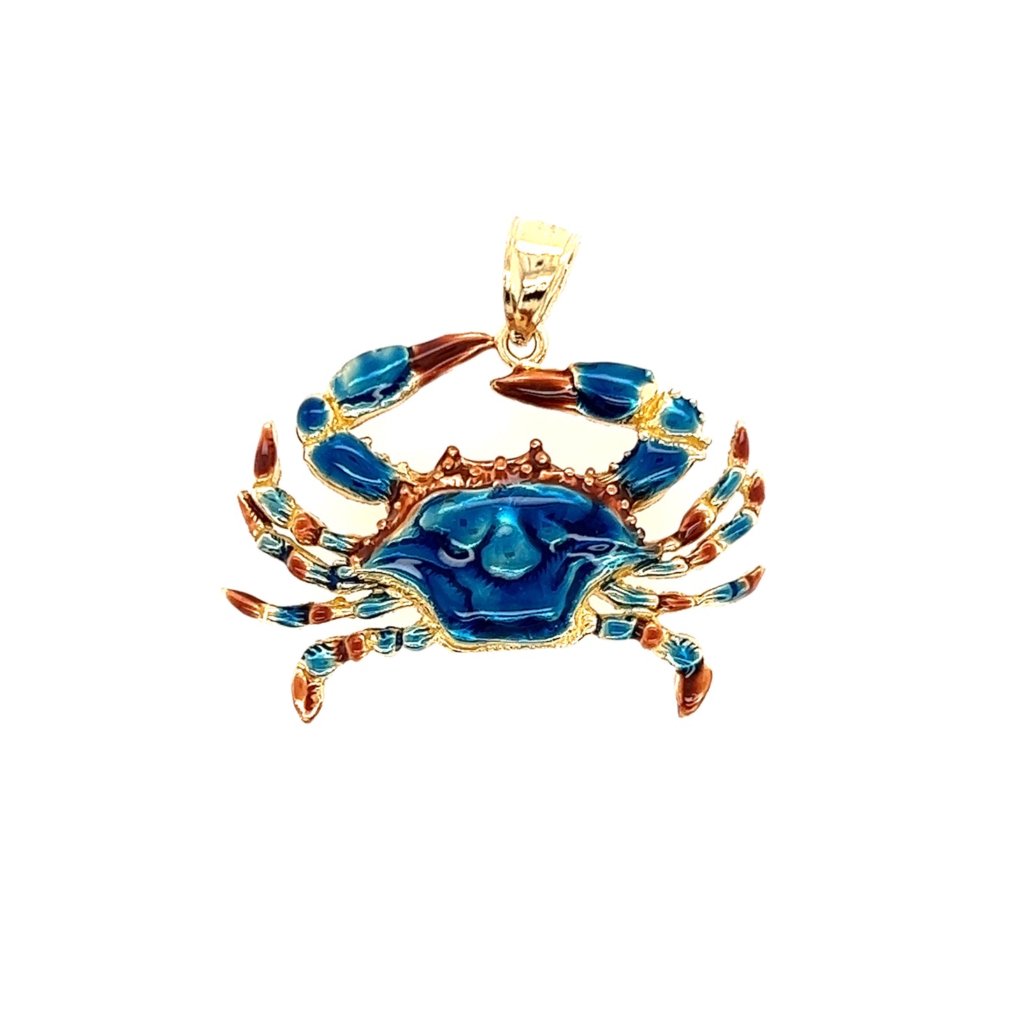 Blue Crab Large Pendant with Enameling in 14K Yellow Gold Front View