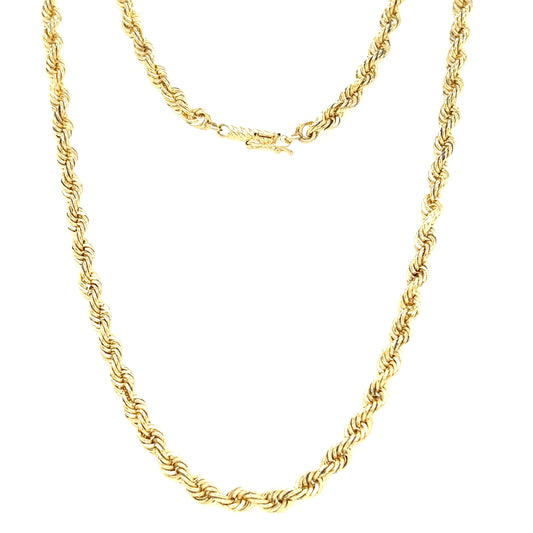 Rope Chain 4mm with 24in of Length in 14K Yellow Gold Full Chain Front View