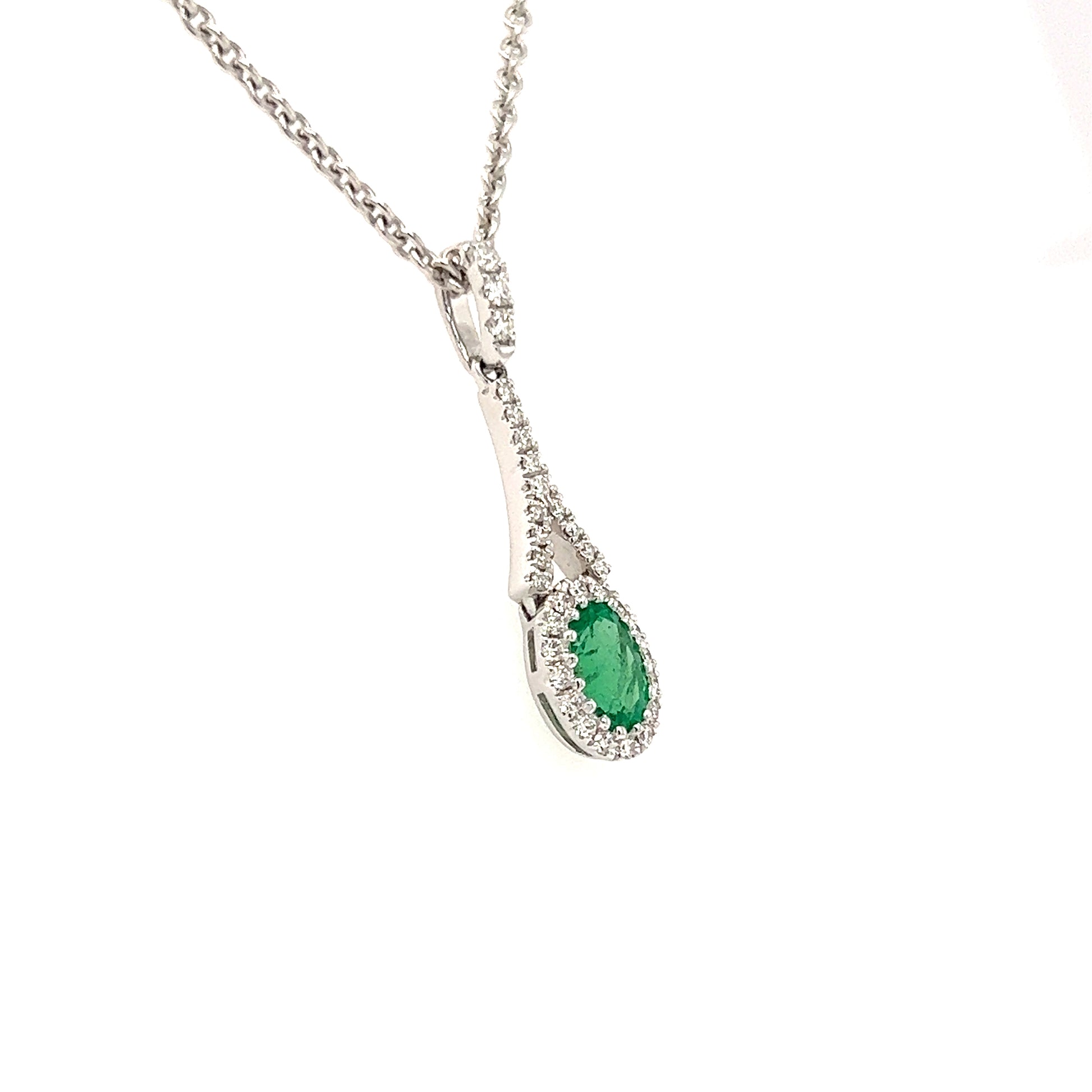 Oval Emerald Pendant with 32 Diamonds in 18K White Gold Right Side View