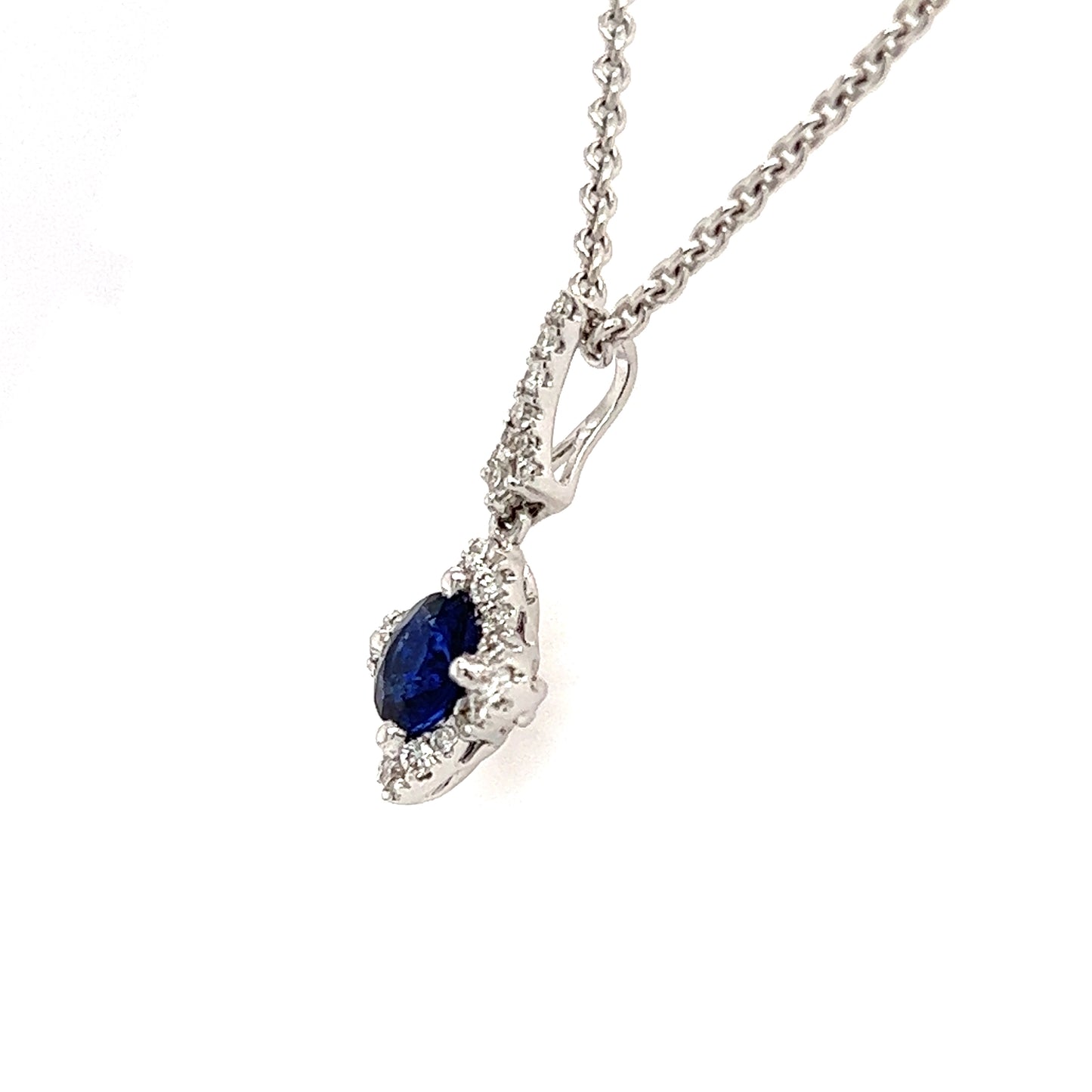 Floral Round Sapphire Pendant with 29 Diamonds in 18K White Gold Pendant and Chain Left Side View