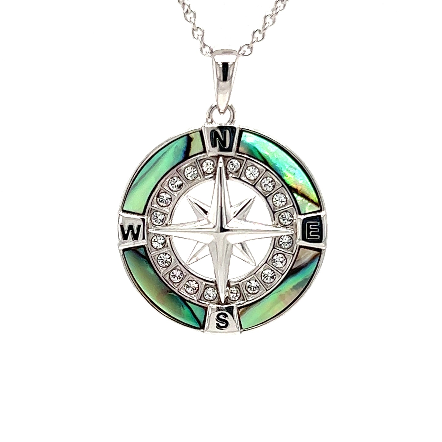 Abalone Shell Compass Necklace with White Crystals in Sterling Silver Front Pendant View