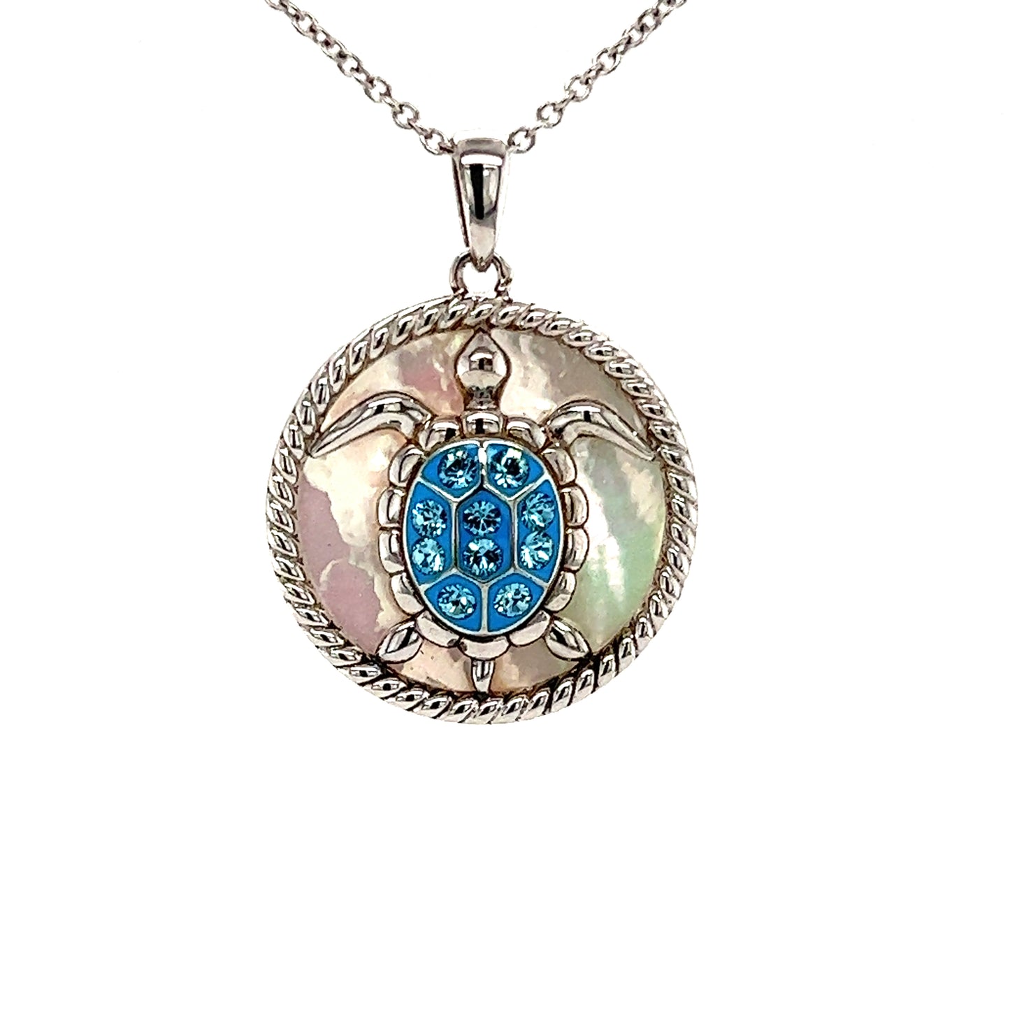 Sea Turtle Necklace with Mother of Pearl  and White Crystals in Sterling Silver. Front View Pendant