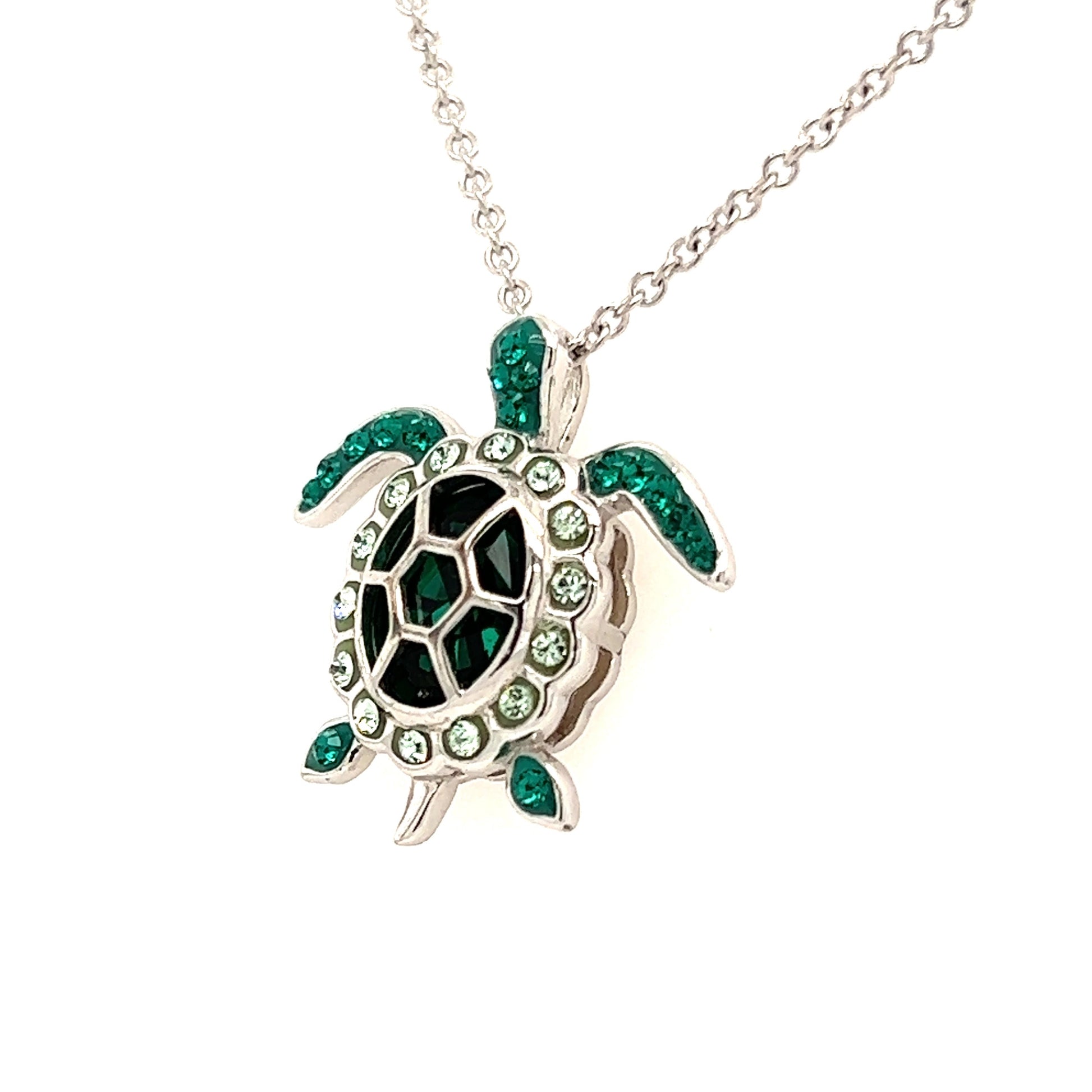 Sea Turtle Necklace with Deep Green Crystals in Sterling Silver. Right Side View