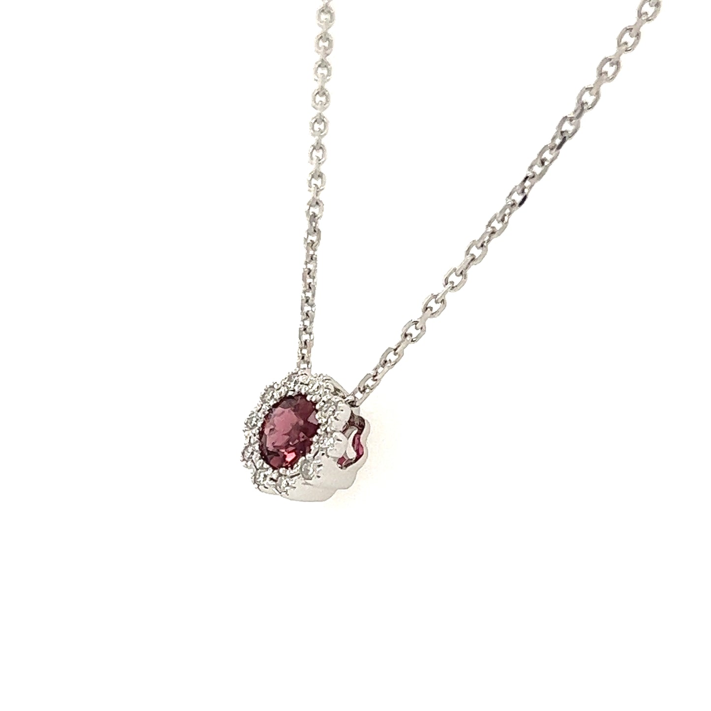 Floral Tourmaline Pendant with Diamond Halo in 14K White Gold Left Side View Pendant and Chain