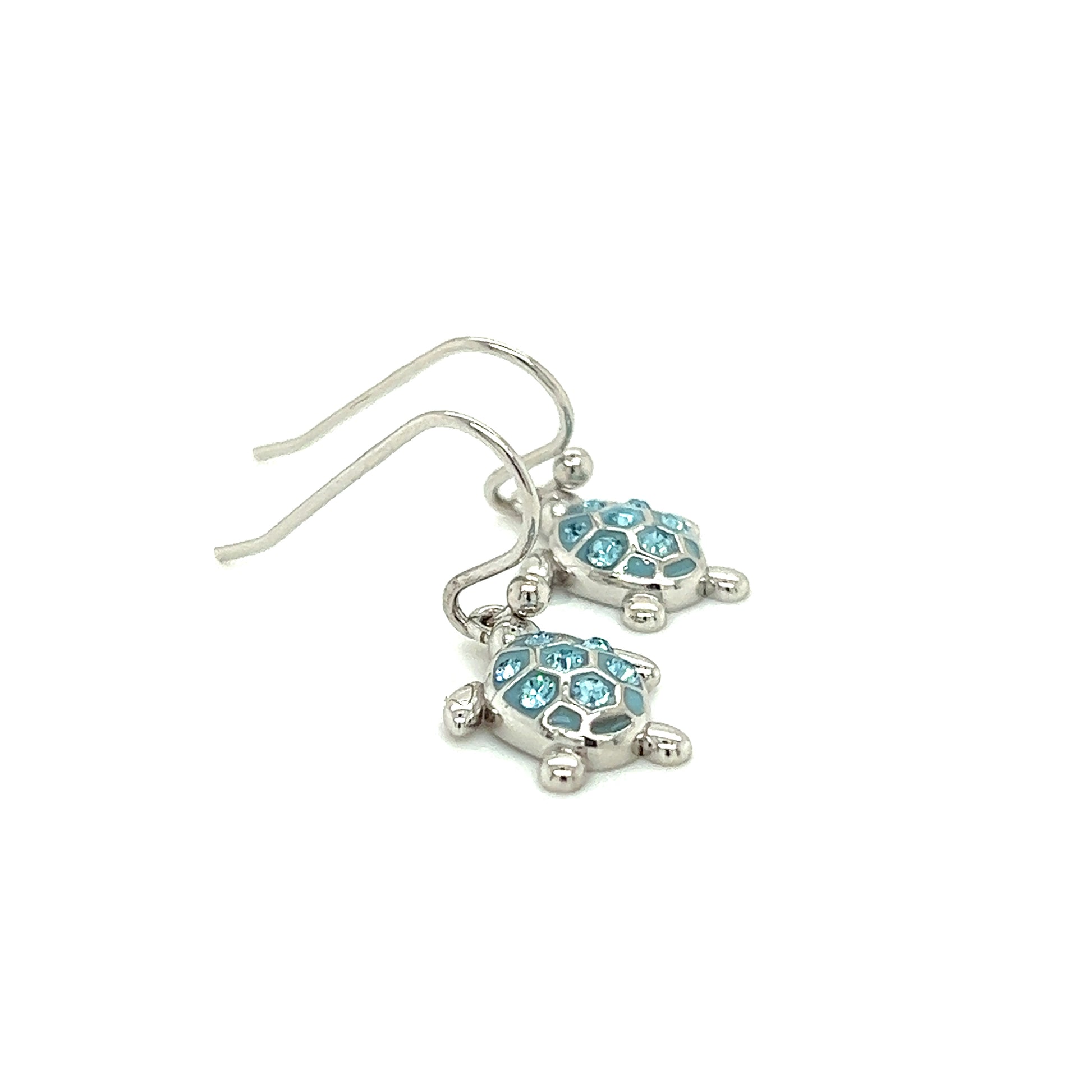 Sea Turtle Dangle Earrings with Aqua Crystals in Sterling Silver Alternative View