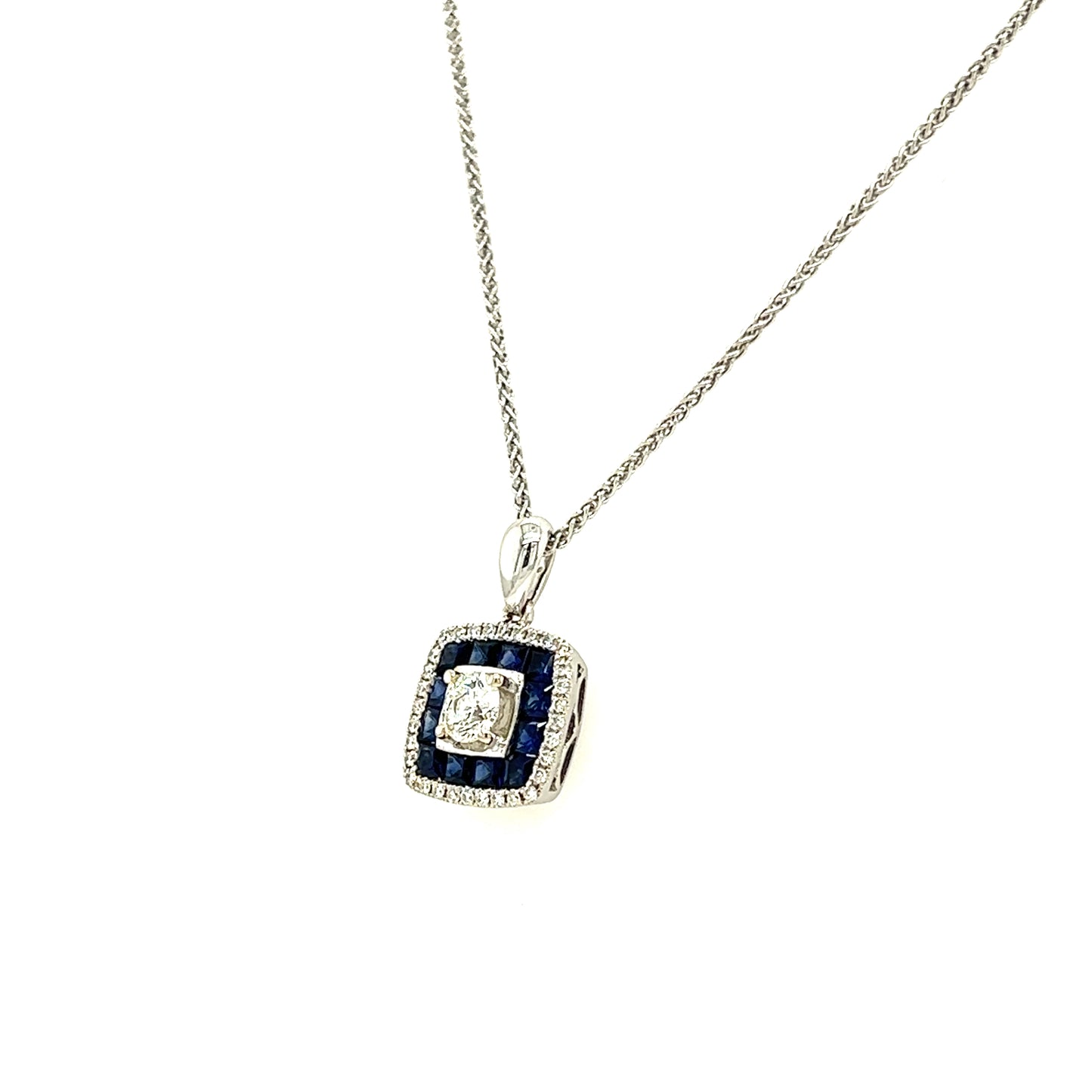 Round Diamond Necklace with Thirty-Two Accent Diamonds and Twelve Ceylon Sapphires in 14K and 10K White Gold Right View