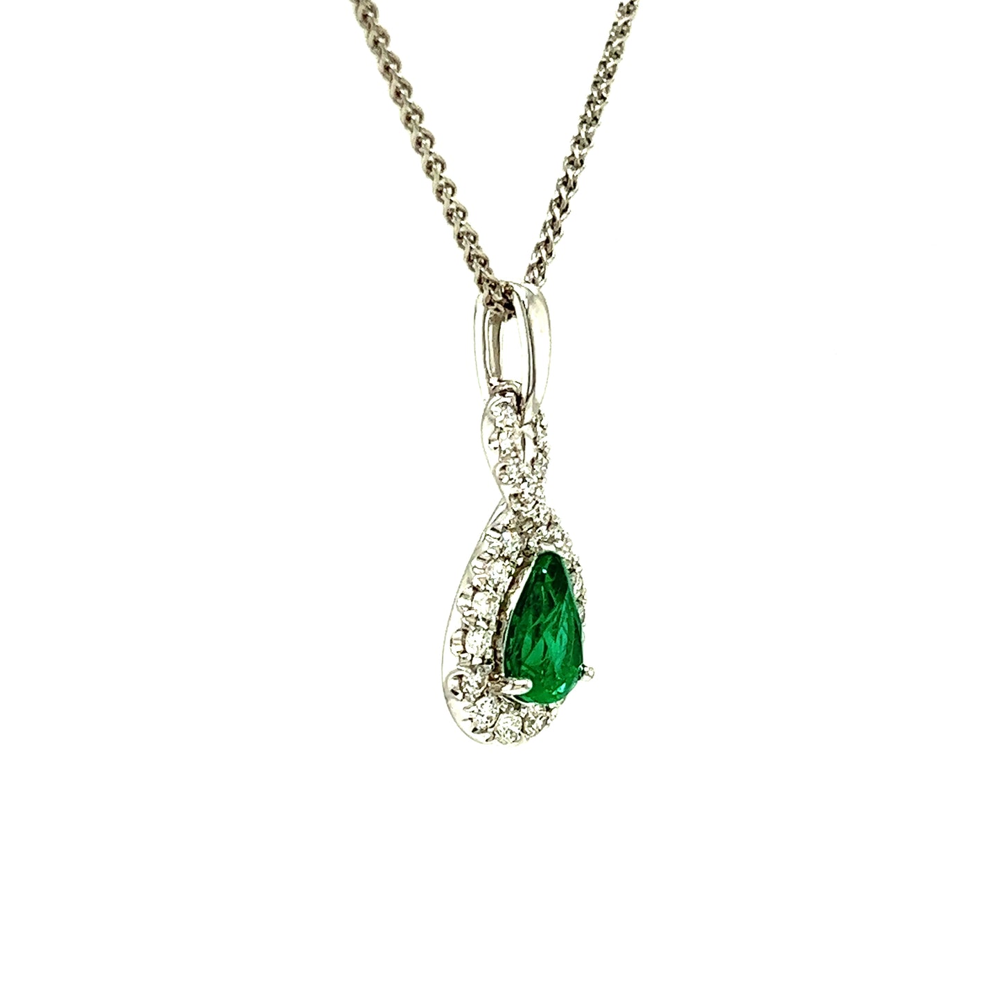 Emerald Infinity Pendant with 0.23ctw of Diamonds in 18K White Gold Pendant and Chain Left Side View
