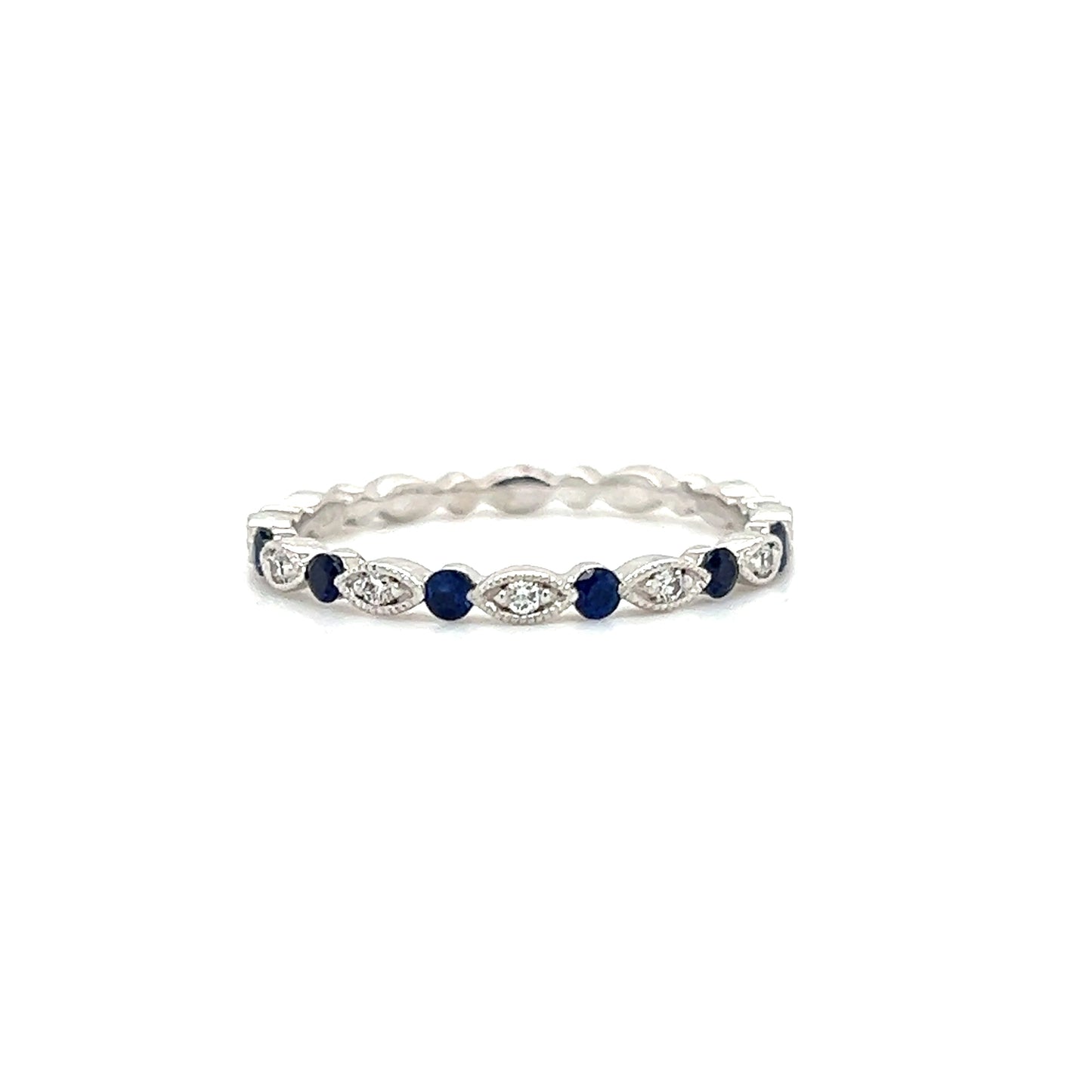Sapphire Ring with 0.18ctw of Sapphires and Side Diamonds in 18K White Gold Front View