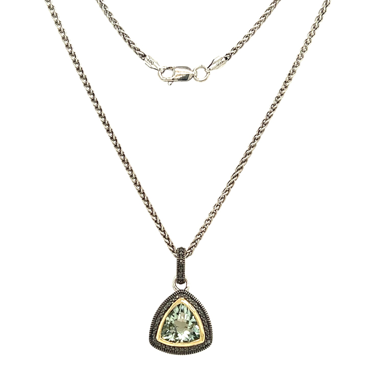 Trillion Green Quartz Antiqued Necklace with 14K Yellow Gold Accent in Sterling Silver Full Necklace View