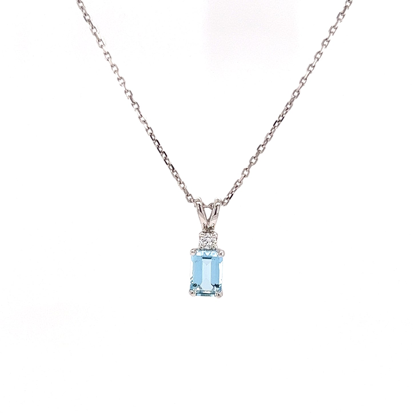 Baguette Aquamarine Pendant with One Side Diamond in 14K White Gold Front View with Chain