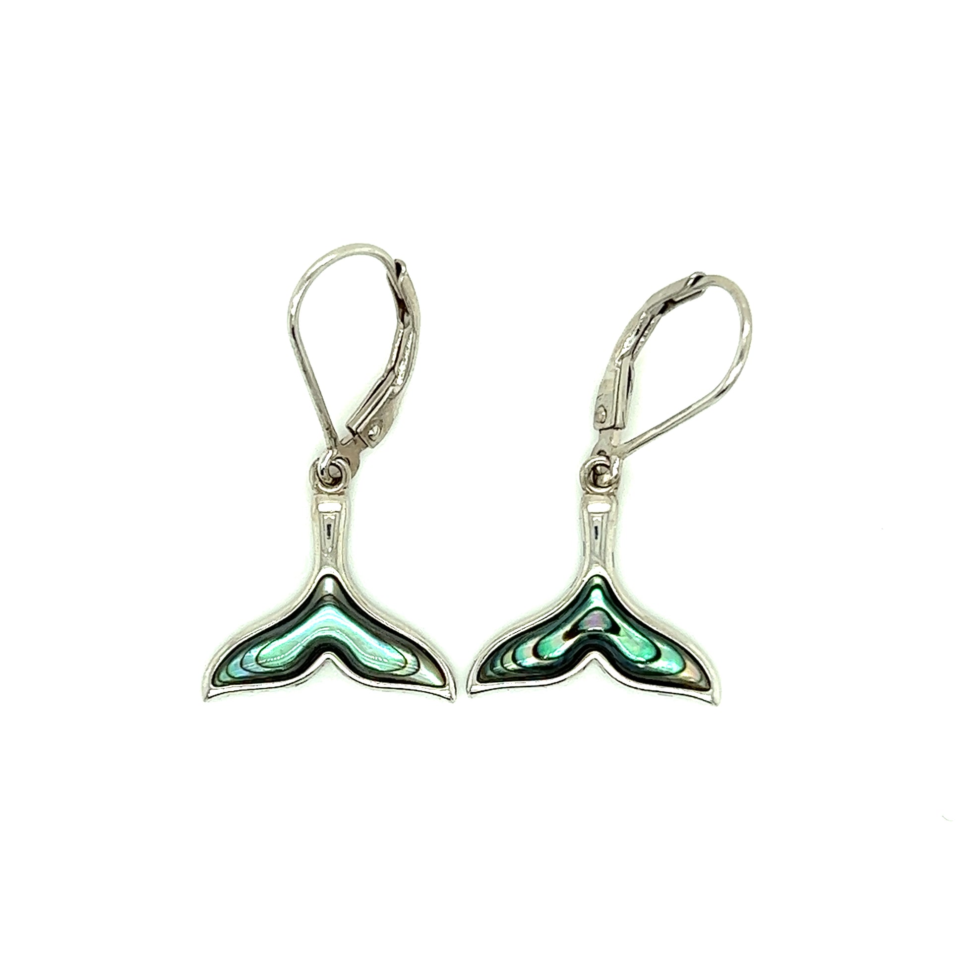 Whale Tail Dangle Earrings with Abalone Shell Details in Sterling Silver Front View