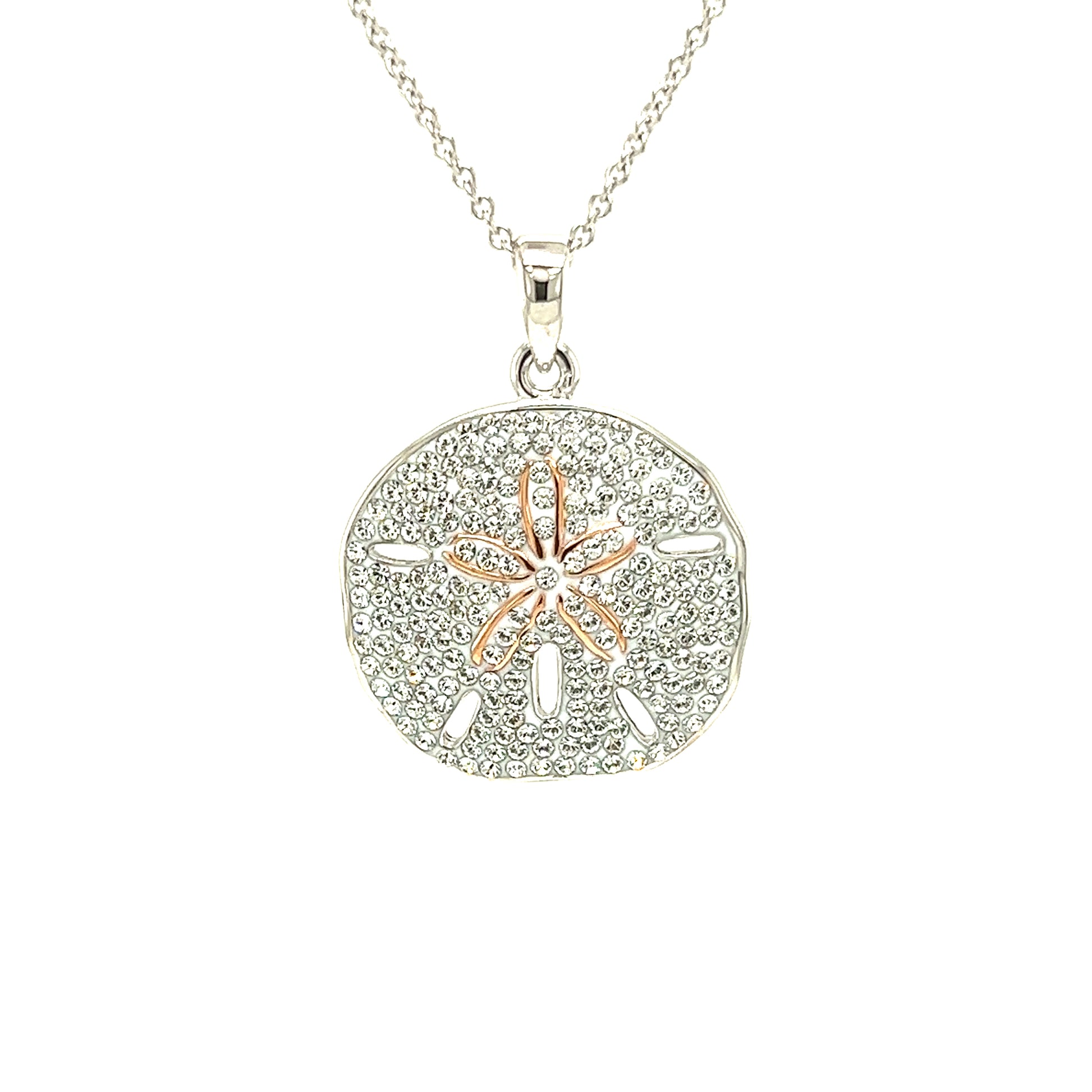 Sand Dollar Necklace With White Crystals and Rose Gold Plating in Sterling Silver Pendant Front View