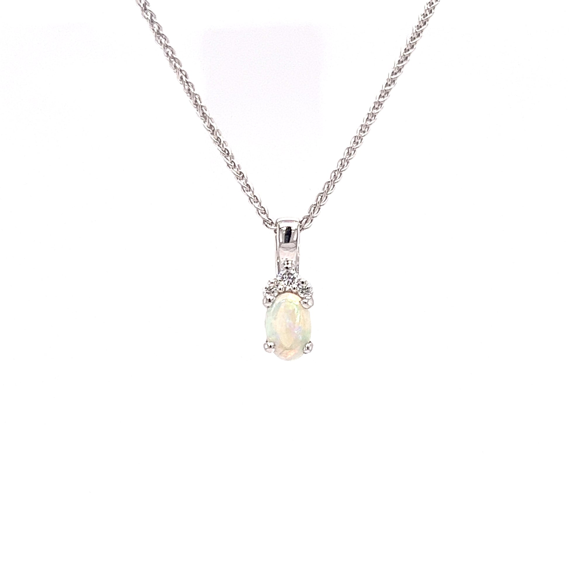 Australian White Opal with Three Diamonds in 14k White Gold Front View with Chain