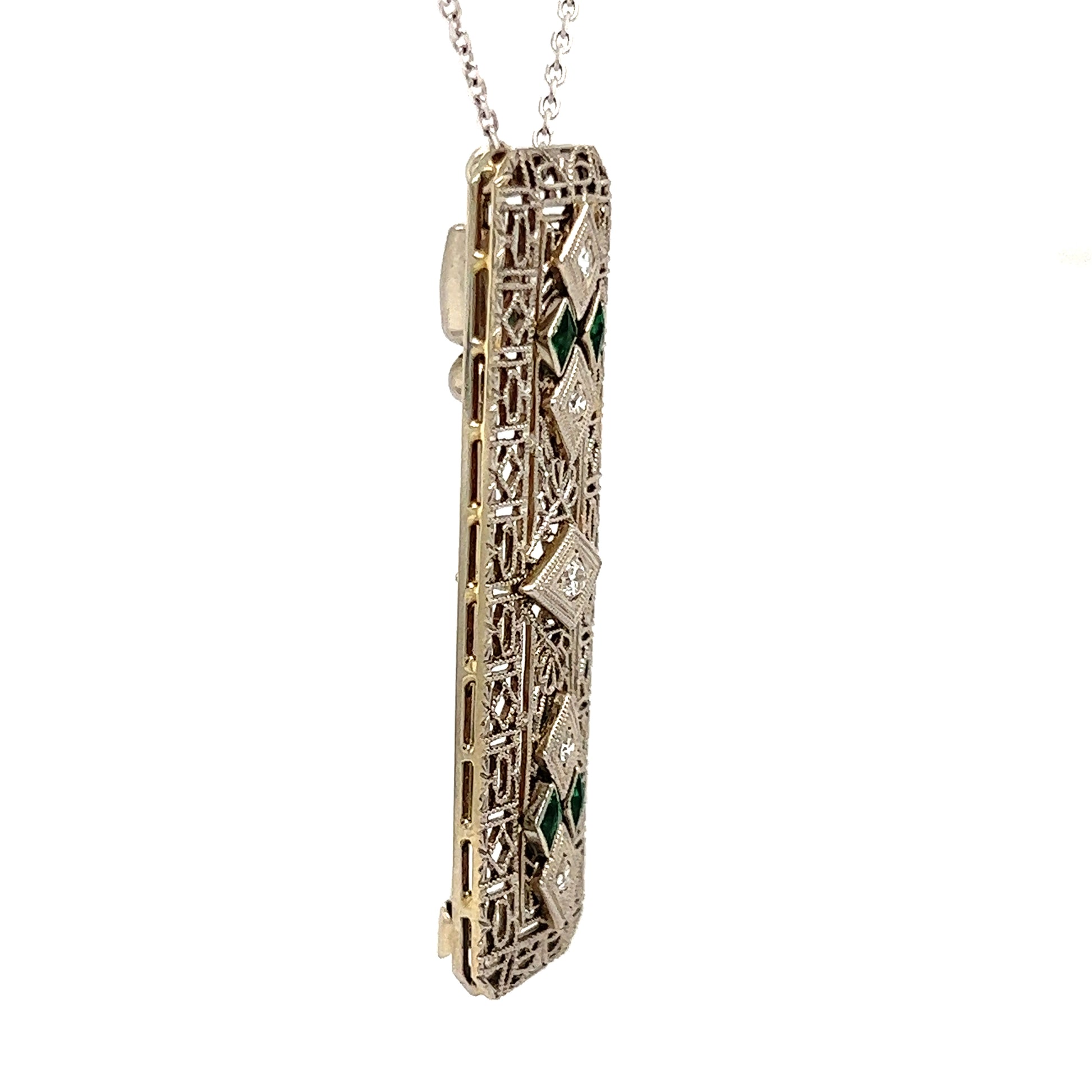 Vintage Diamond Pin With Four Emeralds in 14K White Gold Right Pendant View