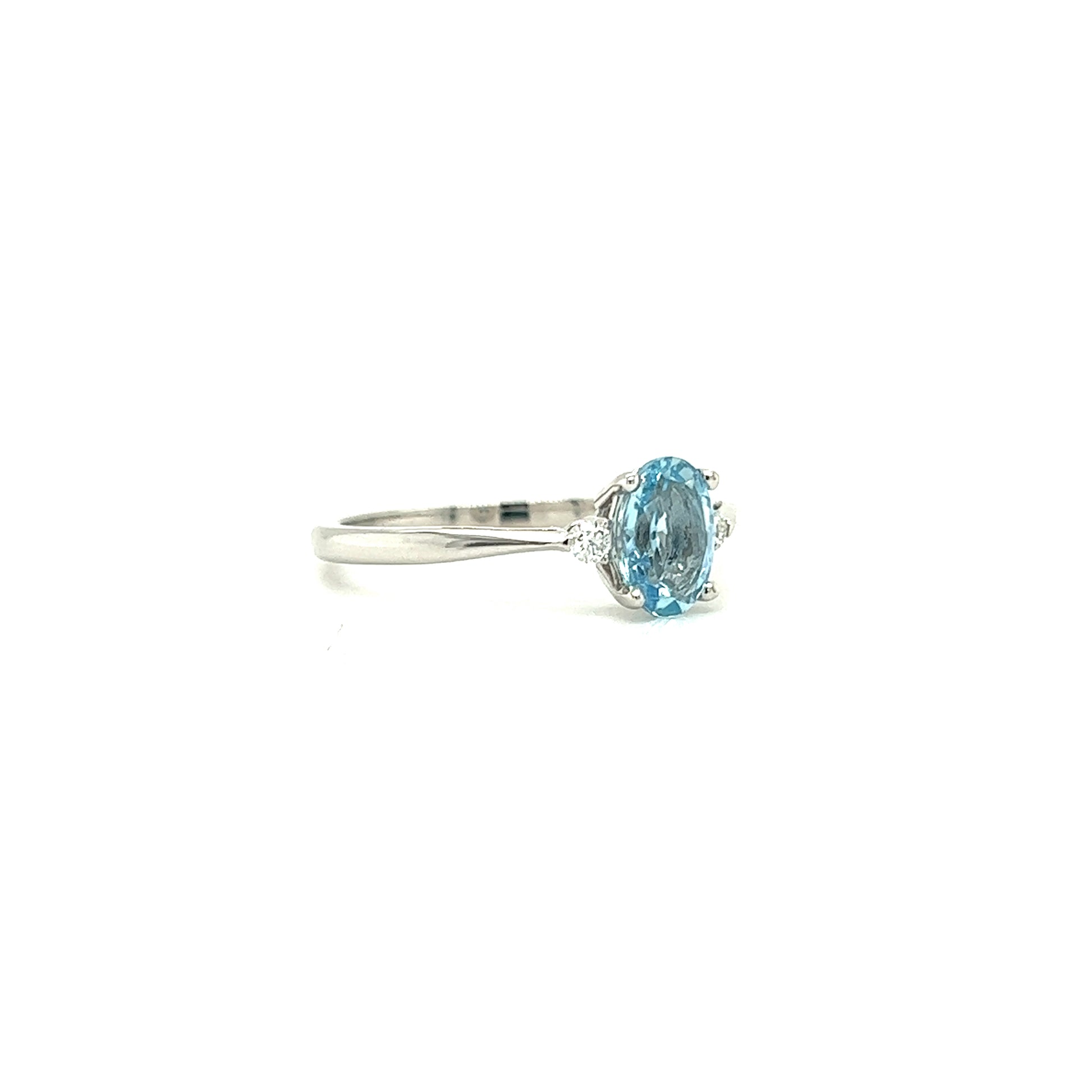 Oval Aquamarine Ring with Two Side Diamonds in 14K White Gold Left Side View