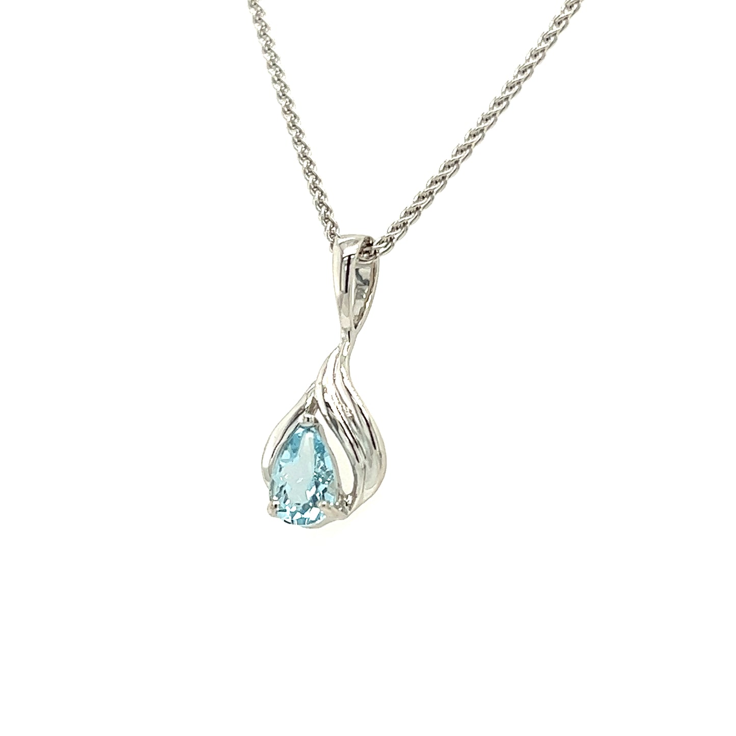 Pear Aquamarine Pendant with Flame Motif in 14K White Gold Pendant and Chain Right Side View