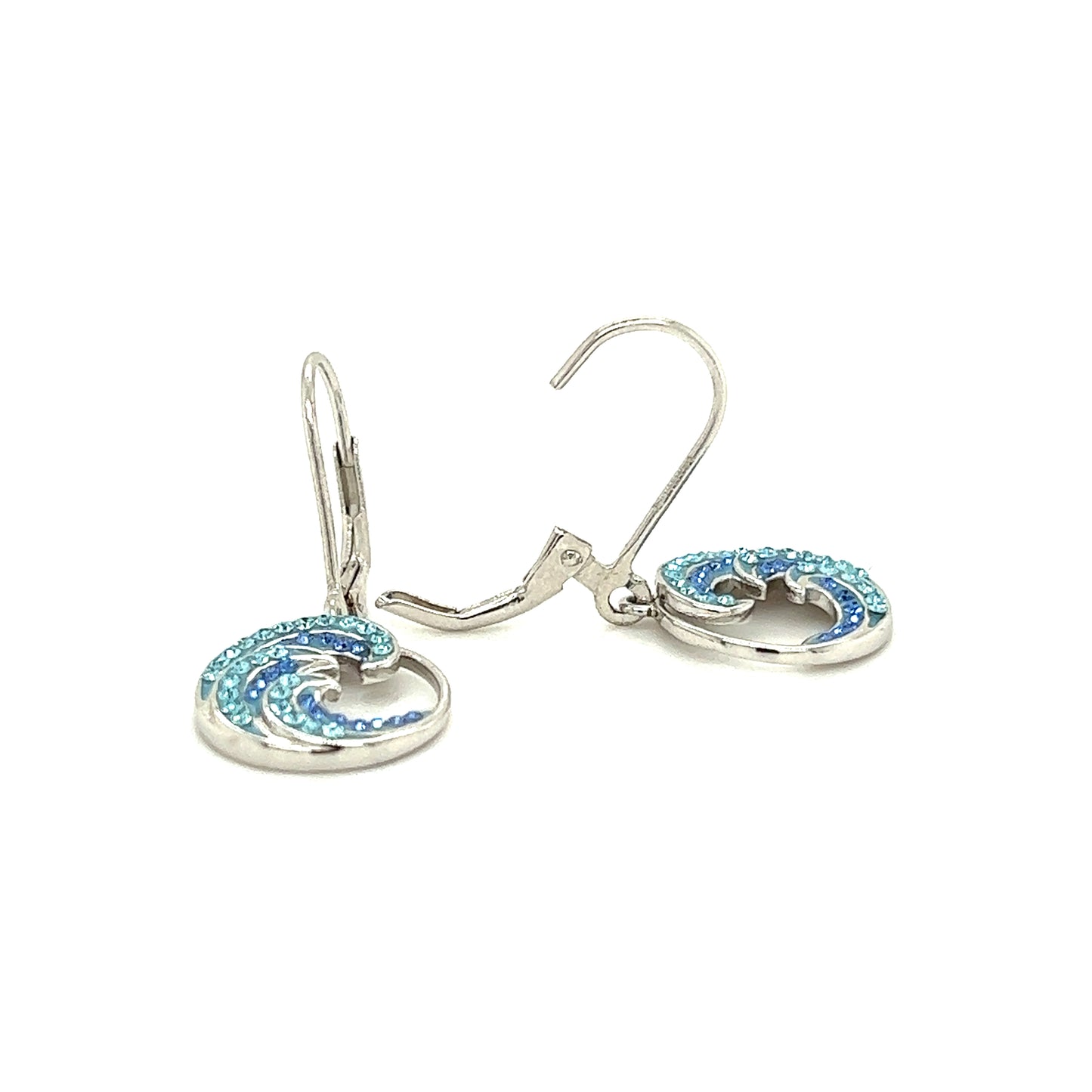 Wave Dangle Earrings with Blue and Aqua Crystals in Sterling Silver Front Flat View with Open Back