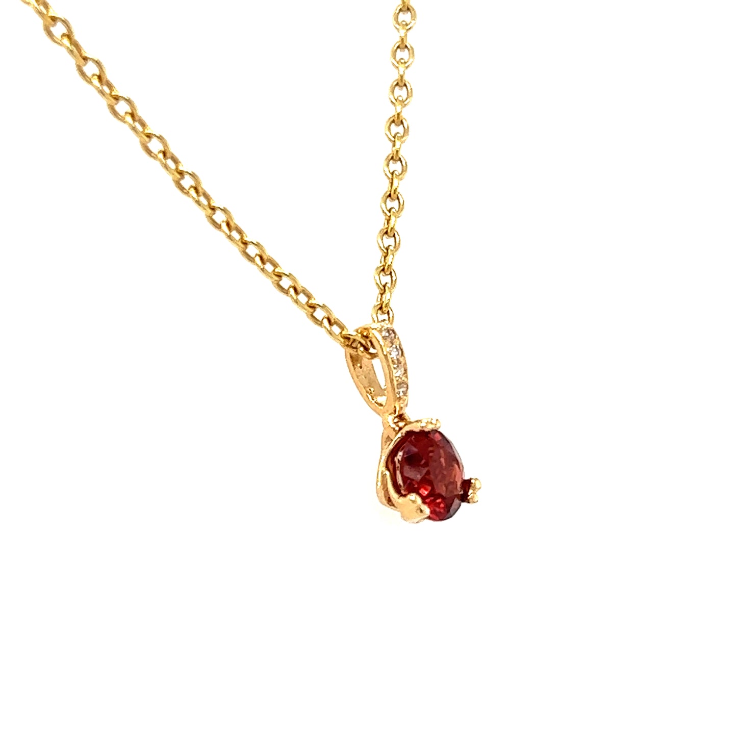 Round Garnet Pendant With Four Diamonds in 14K Yellow Gold Right Side Pendant and Chain
