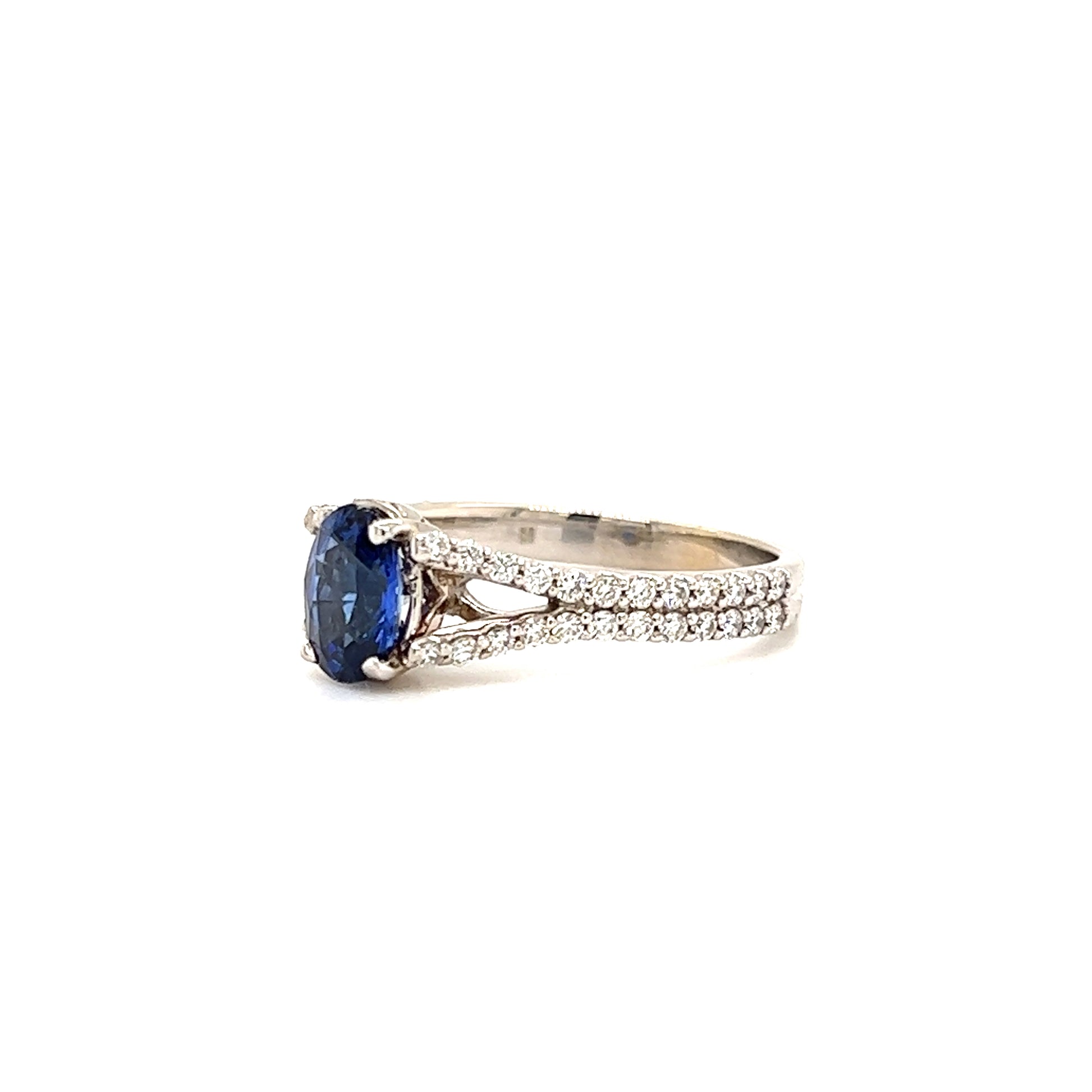 Oval Blue Sapphire Ring with Split Diamond Shank in 14K White Gold Left Profile View
