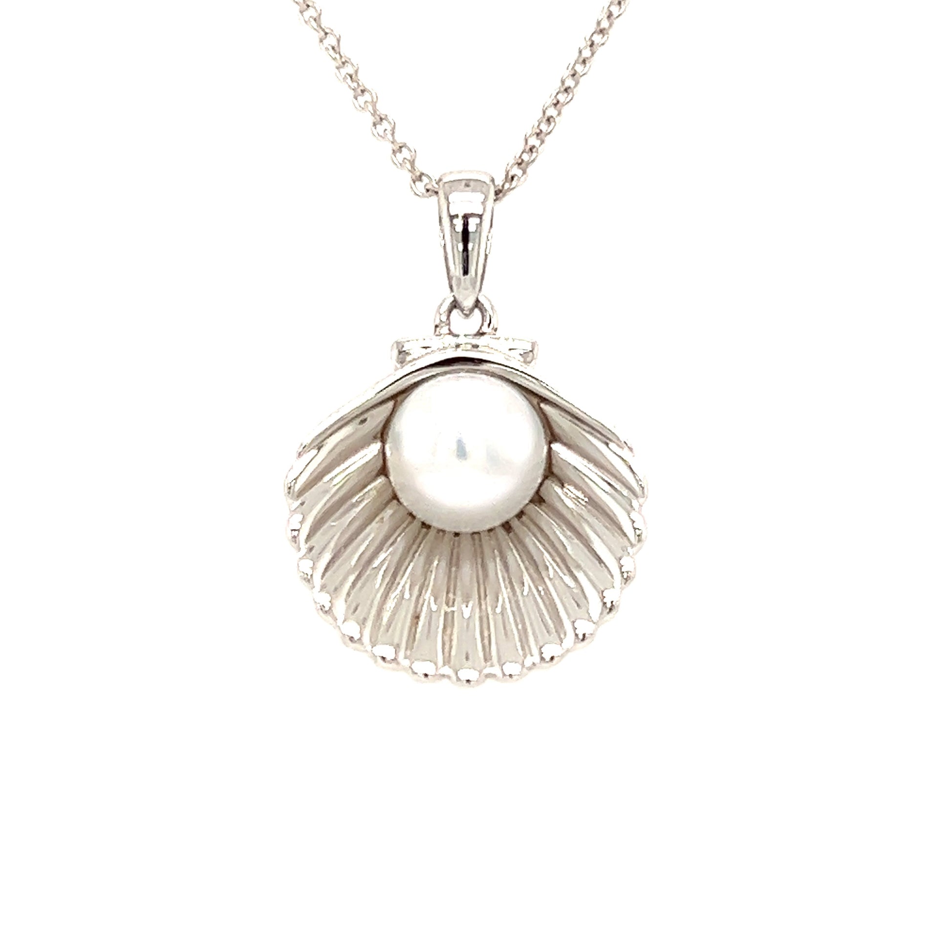 Shell Necklace with White Pearl in Sterling Silver Front View