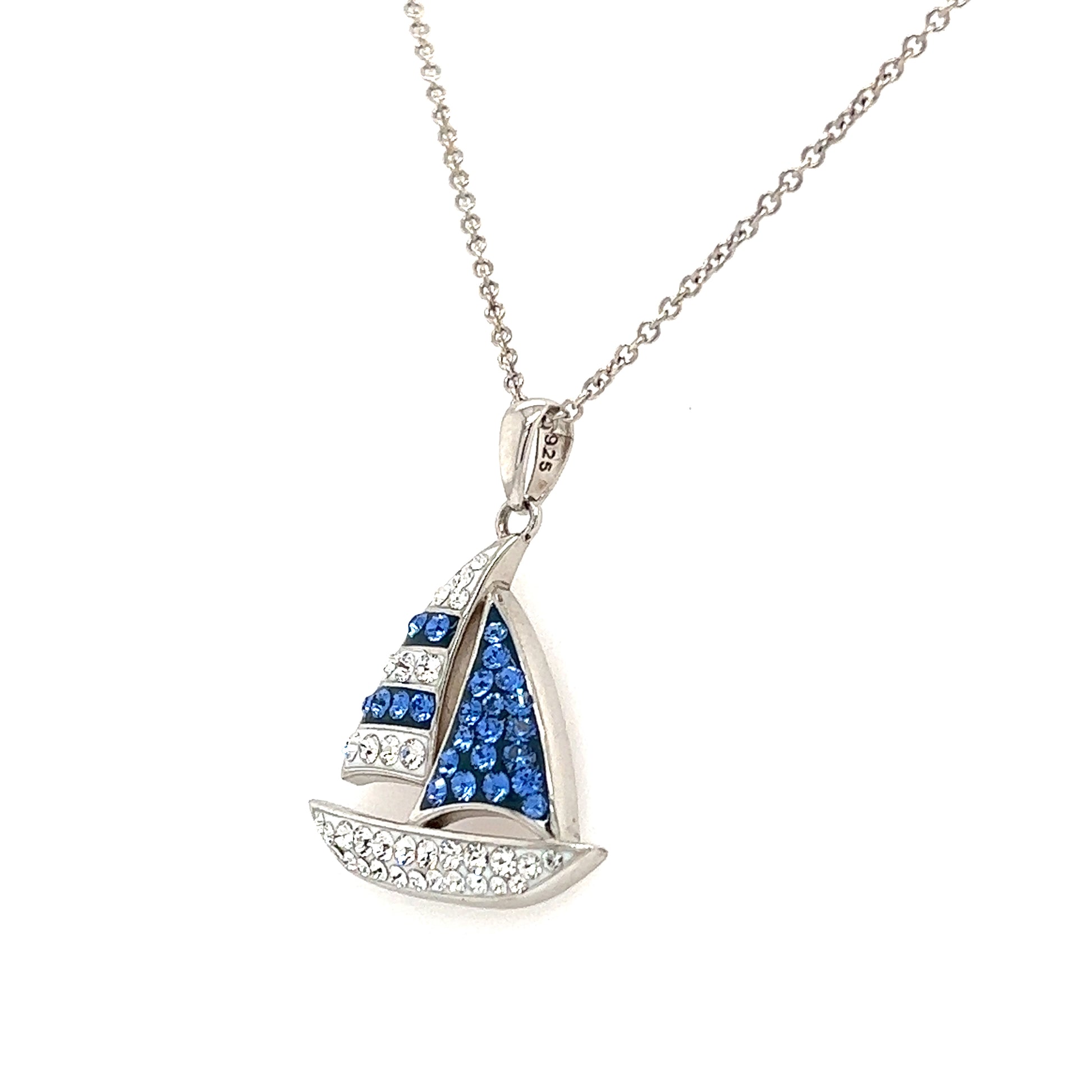 Blue Sailboat Necklace with Blue and White Crystals in Sterling Silver Left Side View