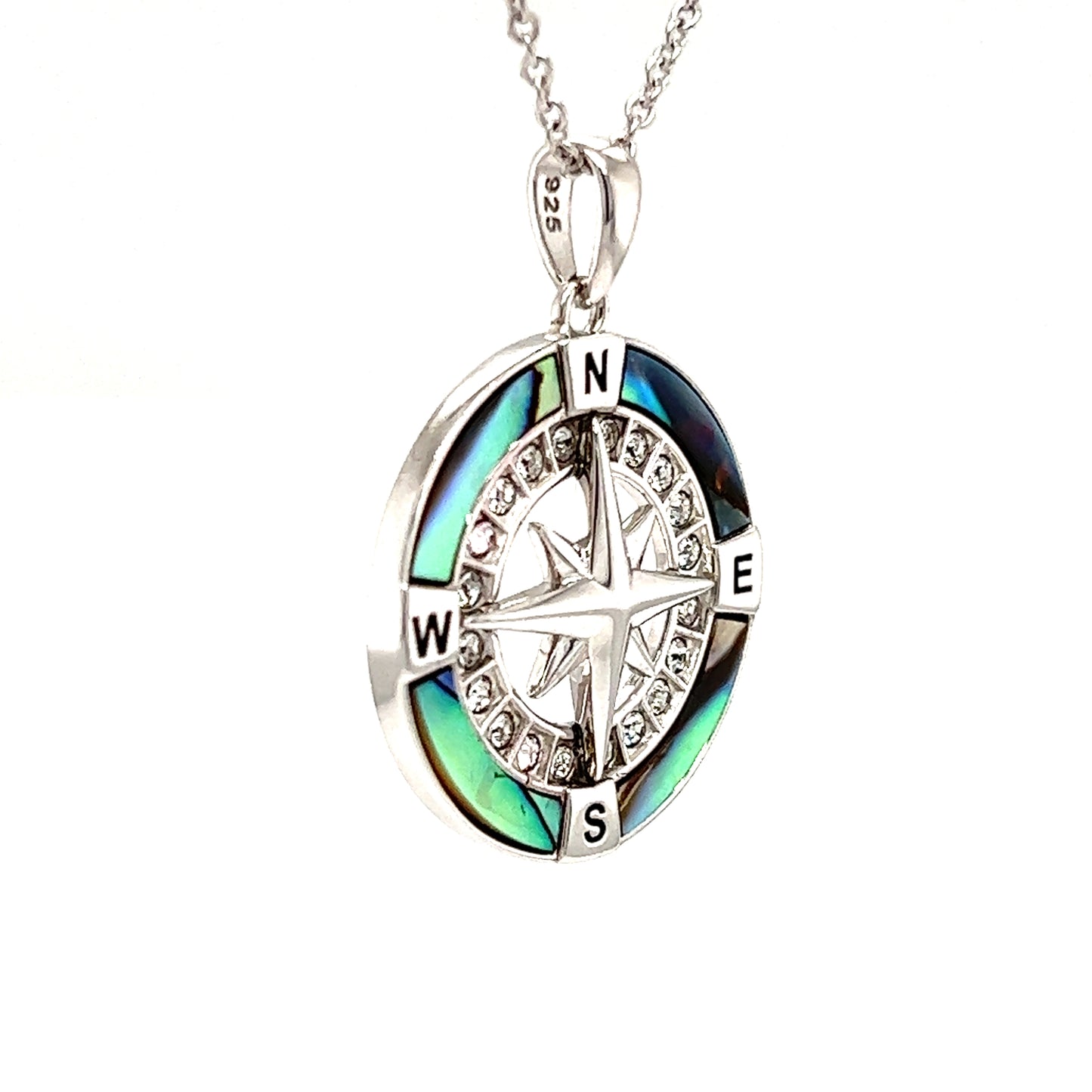 Abalone Shell Compass Necklace with Crystals in Sterling Silver Right Side View