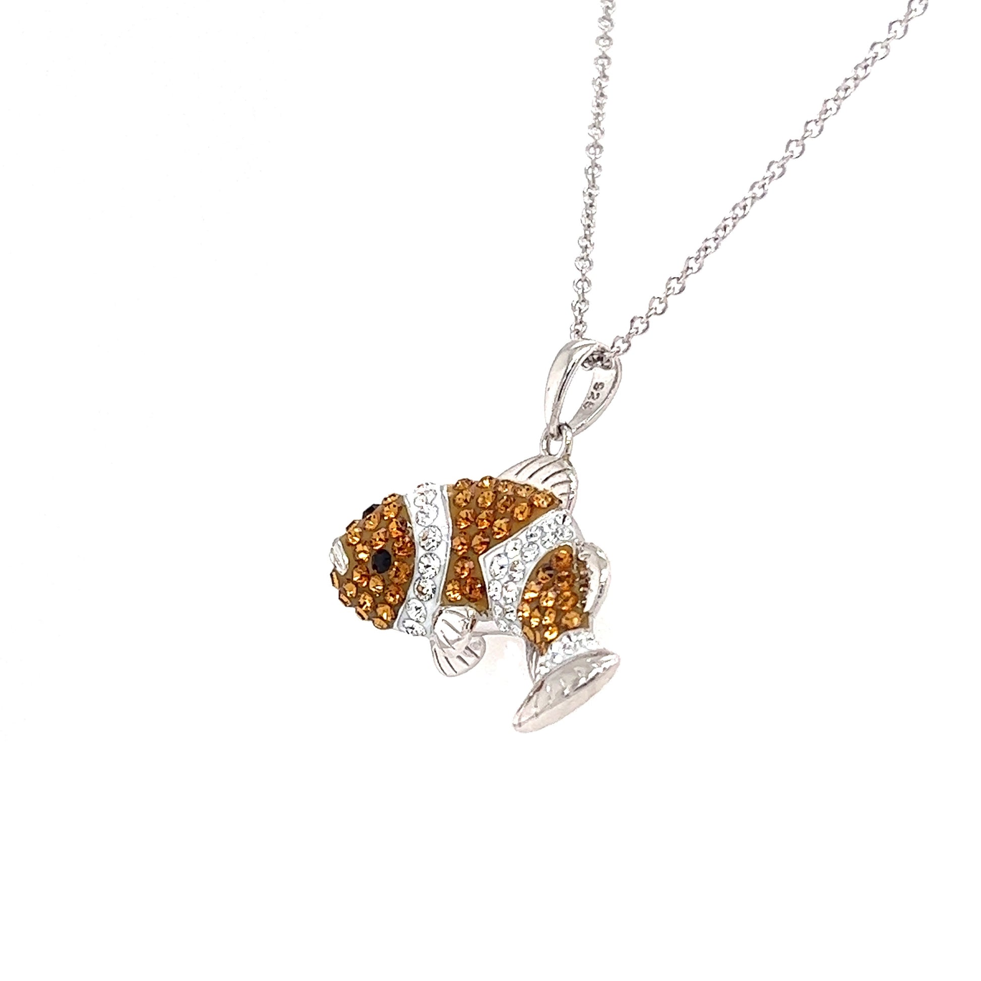 Clownfish Necklace with Orange and White Crystals in Sterling Silver Right Side View