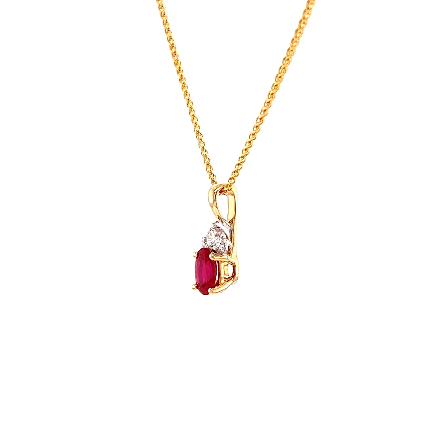 Oval Ruby Pendant with Three Accent Diamonds in 14K Yellow Gold Pendant and Chain Right Side View