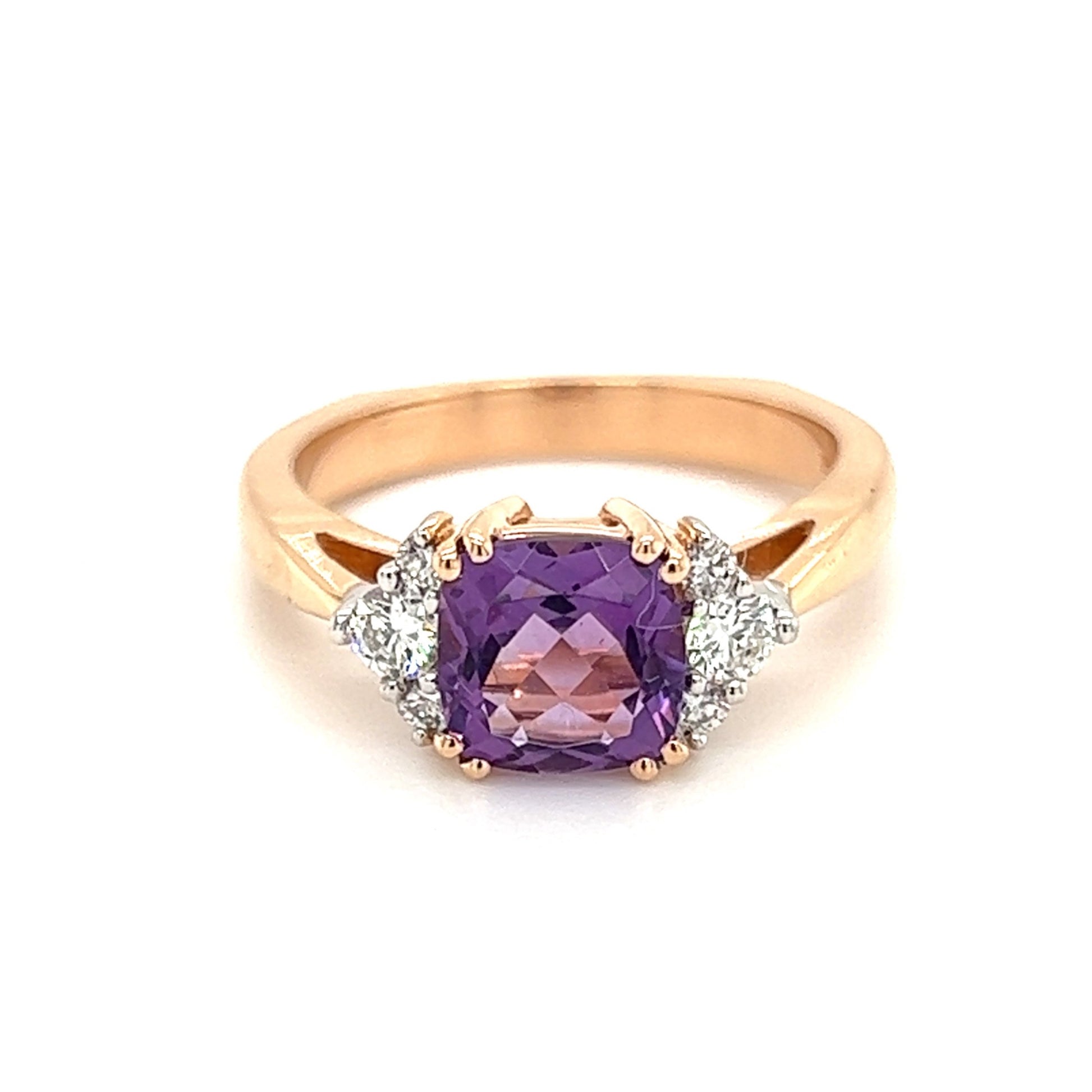 Cushion Amethyst Ring in 14K Rose Gold with Side Diamonds Front Angle View