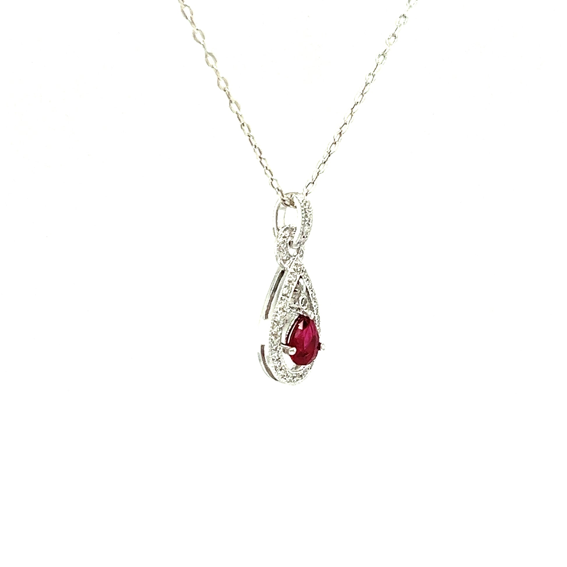 Dangling Pear Ruby Pendant with Diamond Accents in 14K White Gold Pendant and Chain Left Side View