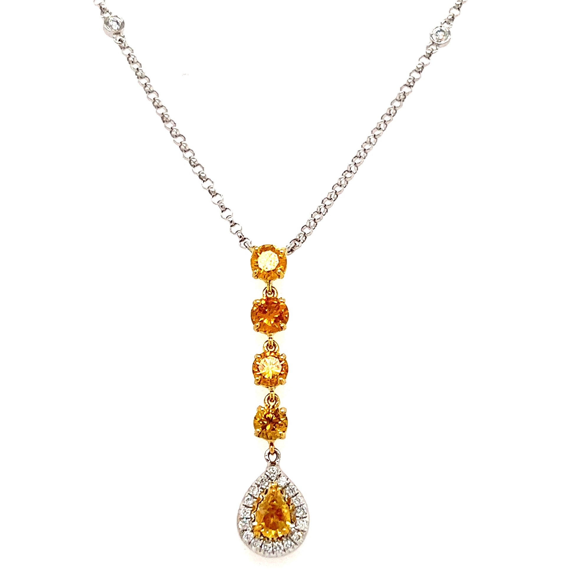 Yellow Diamond Necklace with Twenty One Diamonds in 18K White Gold Front View