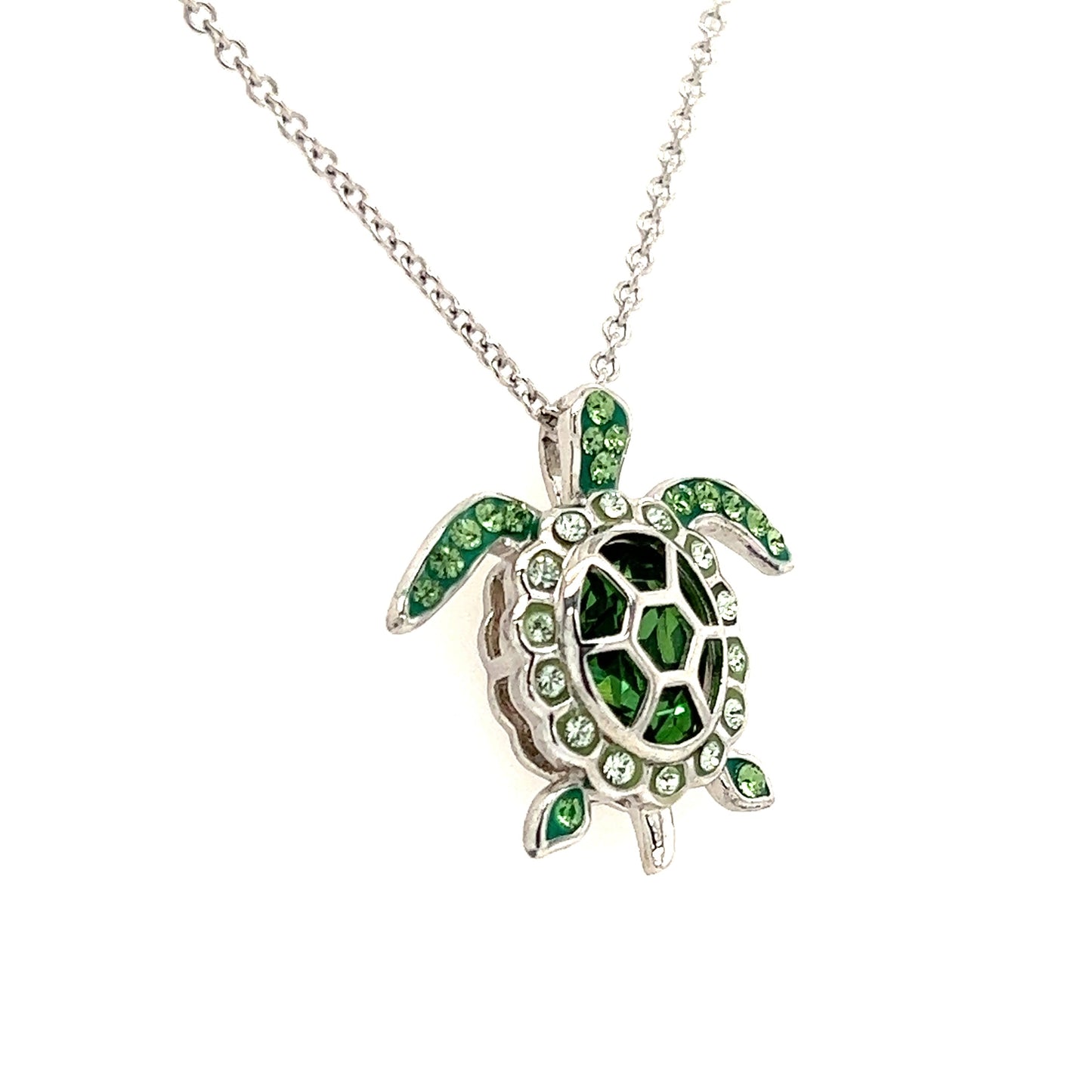 Sea Turtle Necklace with Light Green Crystals in Sterling Silver. Necklace Right Side View