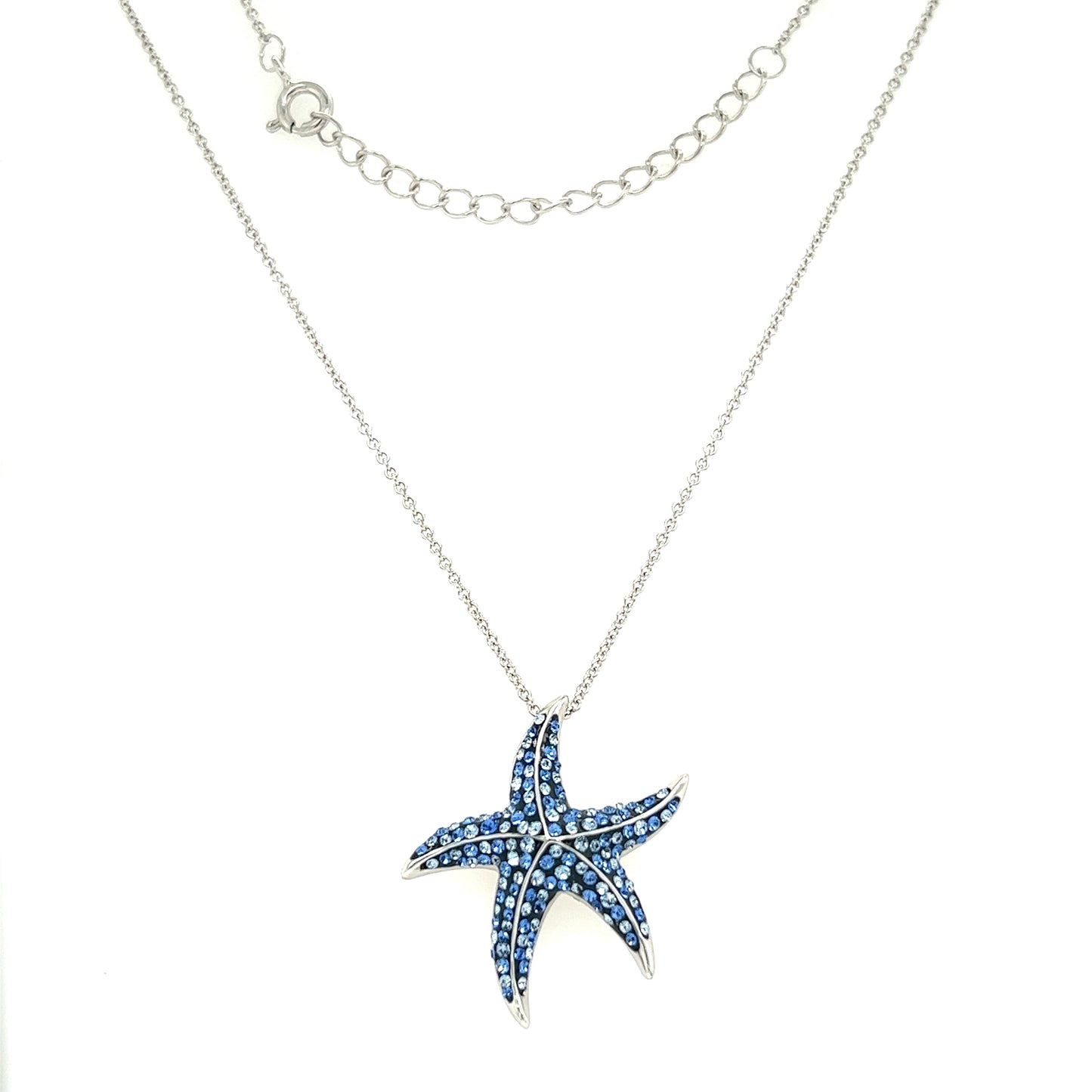 Blue Starfish Necklace with Aqua and White Crystals in Sterling Silver Full Necklace Front View