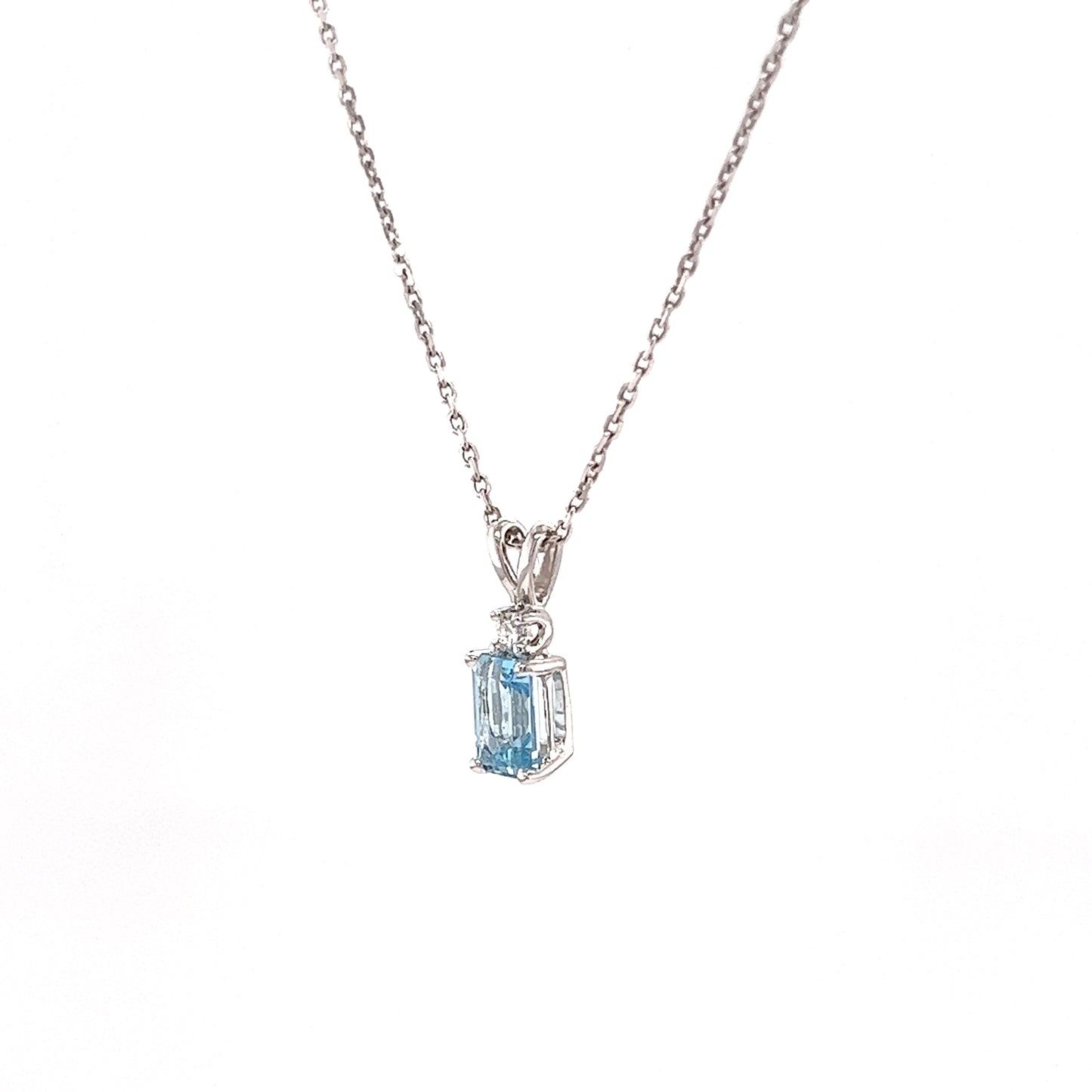 Baguette Aquamarine Pendant with One Side Diamond in 14K White Gold Right Side View with Chain