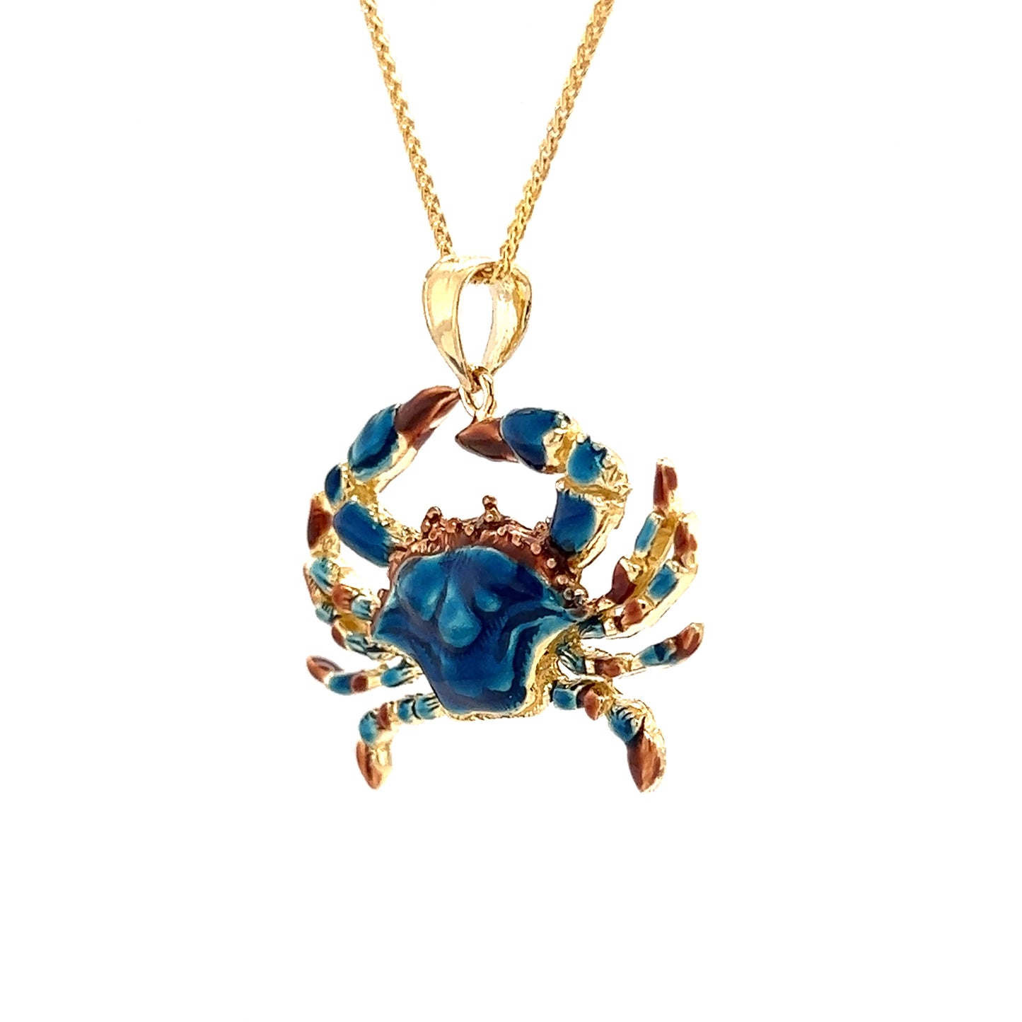 Blue Crab Large Pendant with Enameling in 14K Yellow Gold Right Side View with Chain