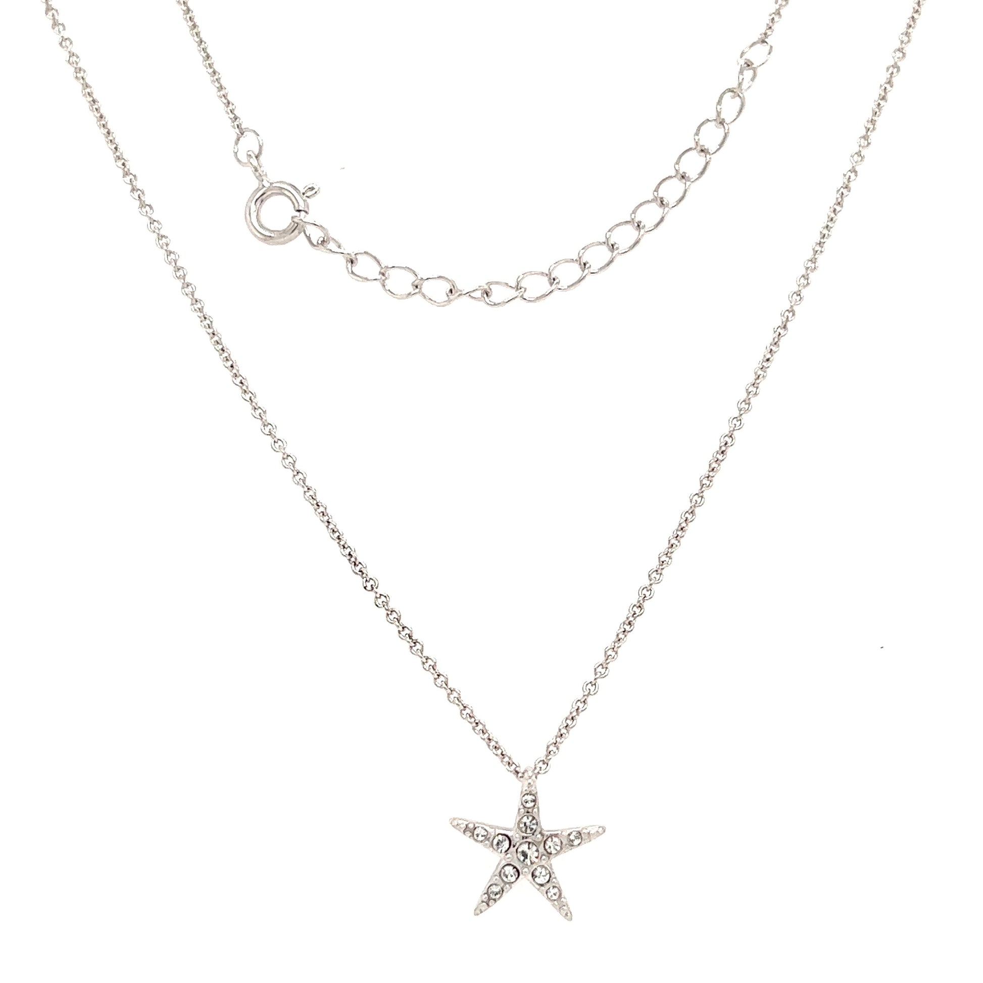 Small Starfish Necklace with White Crystals in Sterling Silver Front & Clasp View