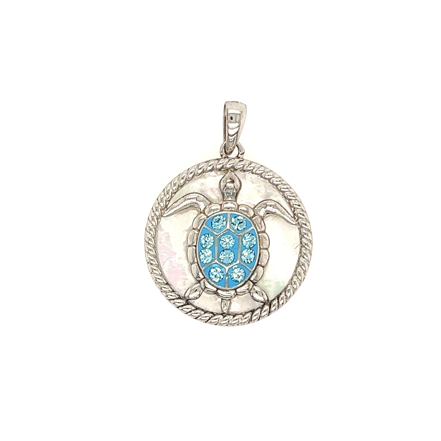 Sea Turtle Necklace with Mother of Pearl  and White Crystals in Sterling Silver. Pendant Front View