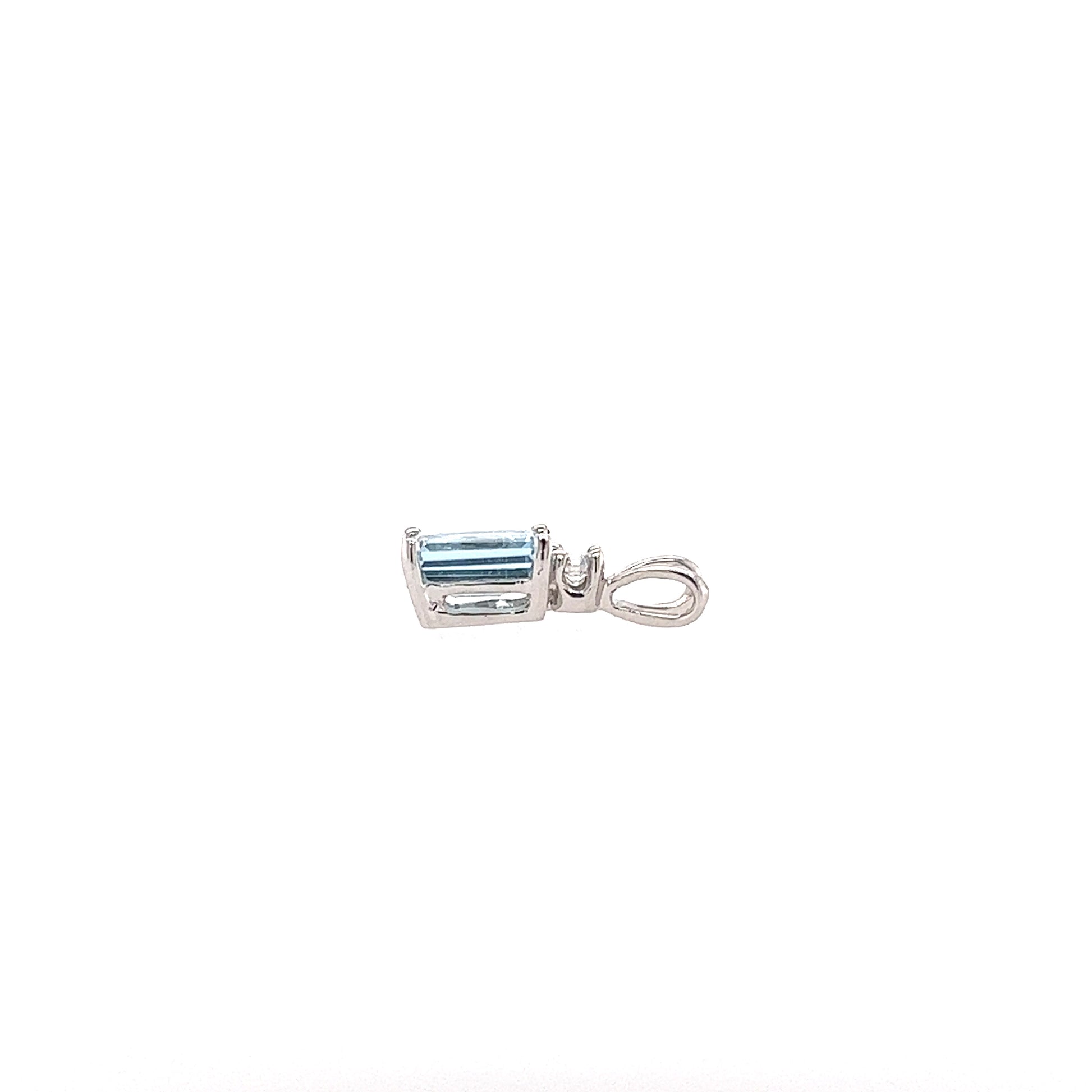Baguette Aquamarine Pendant with One Side Diamond in 14K White Gold Side Flat View