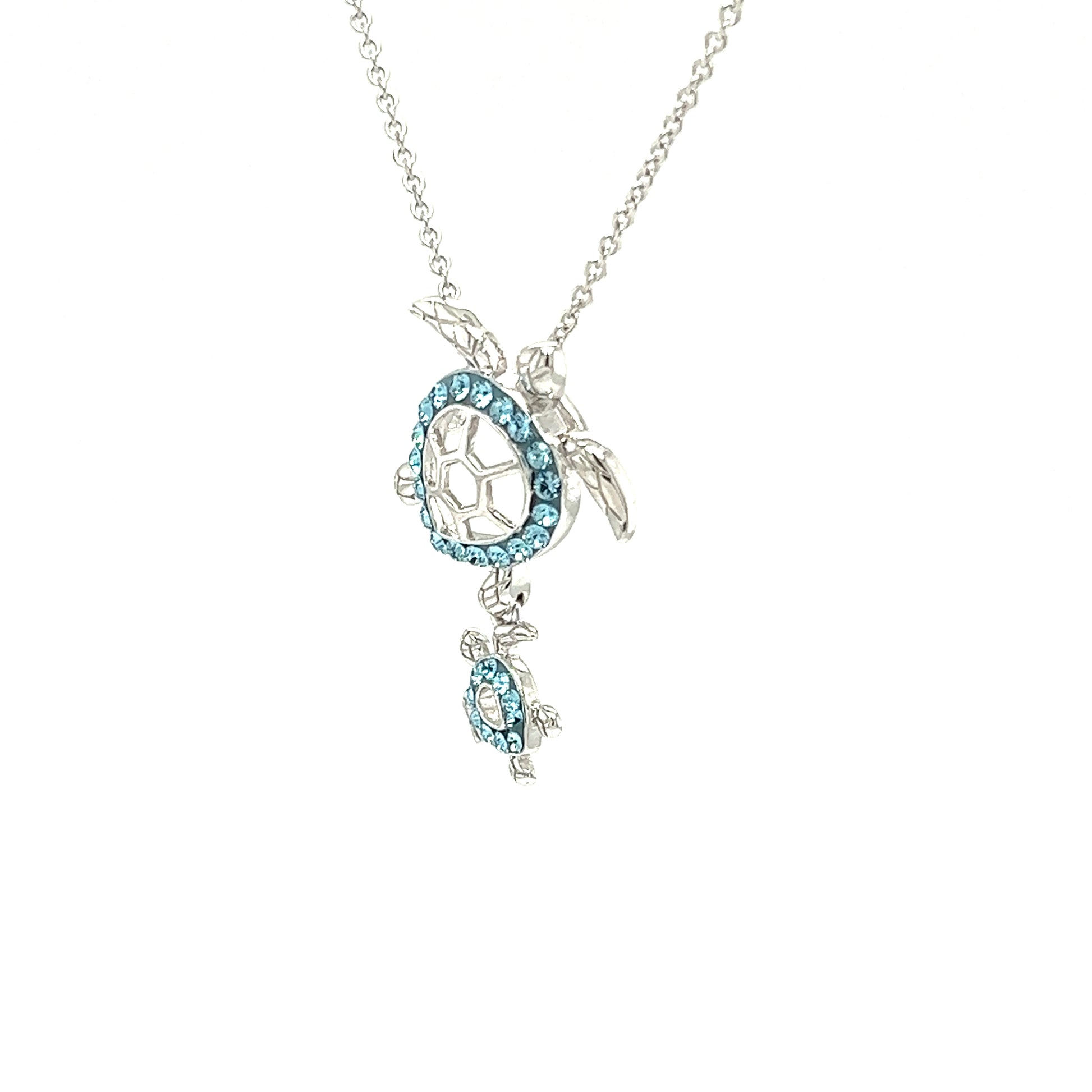 Mother and Baby Sea Turtle Necklace with Aqua Crystals in Sterling Silver Left Side View