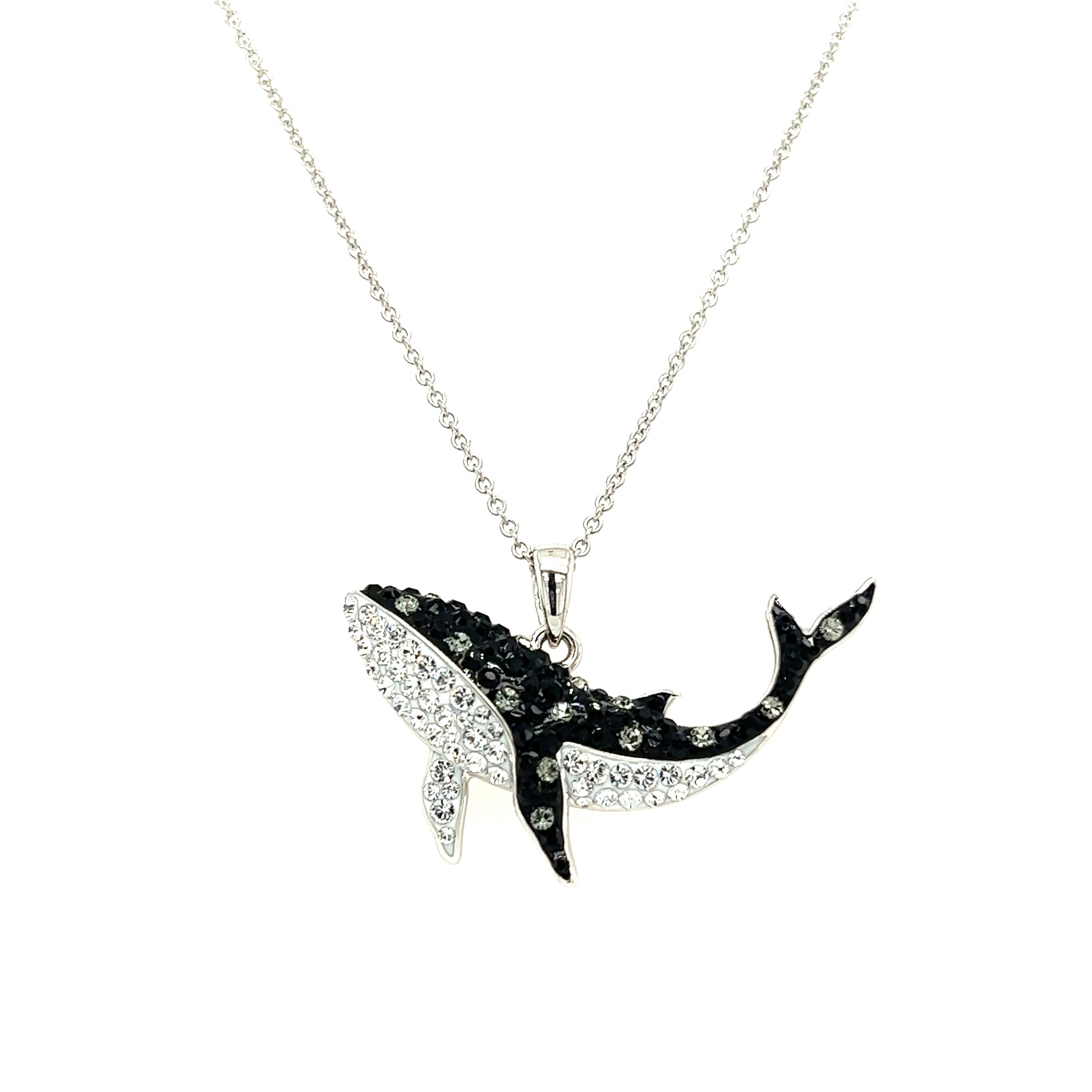 Orca Whale Necklace with Black and White Crystals in Sterling Silver Front View