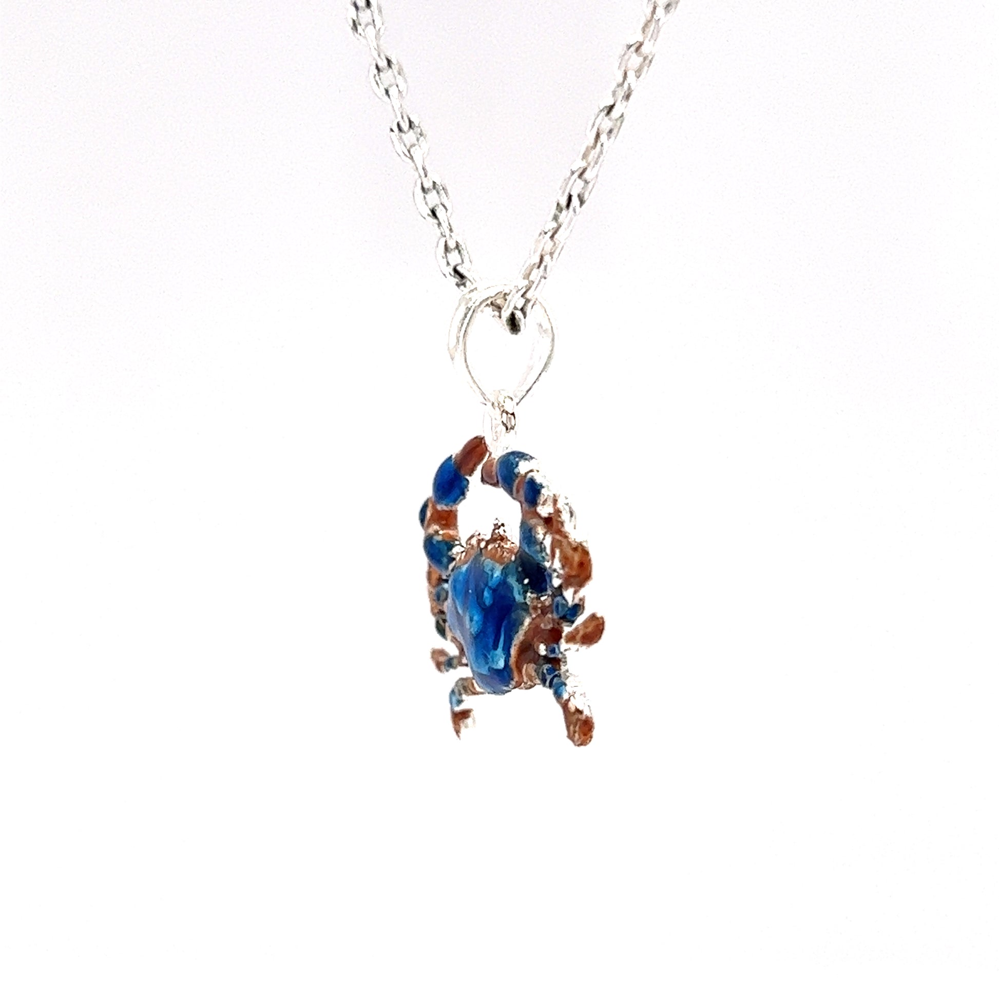 Blue Crab Small Pendant with Enameling in Sterling Silver Right Side View with Chain