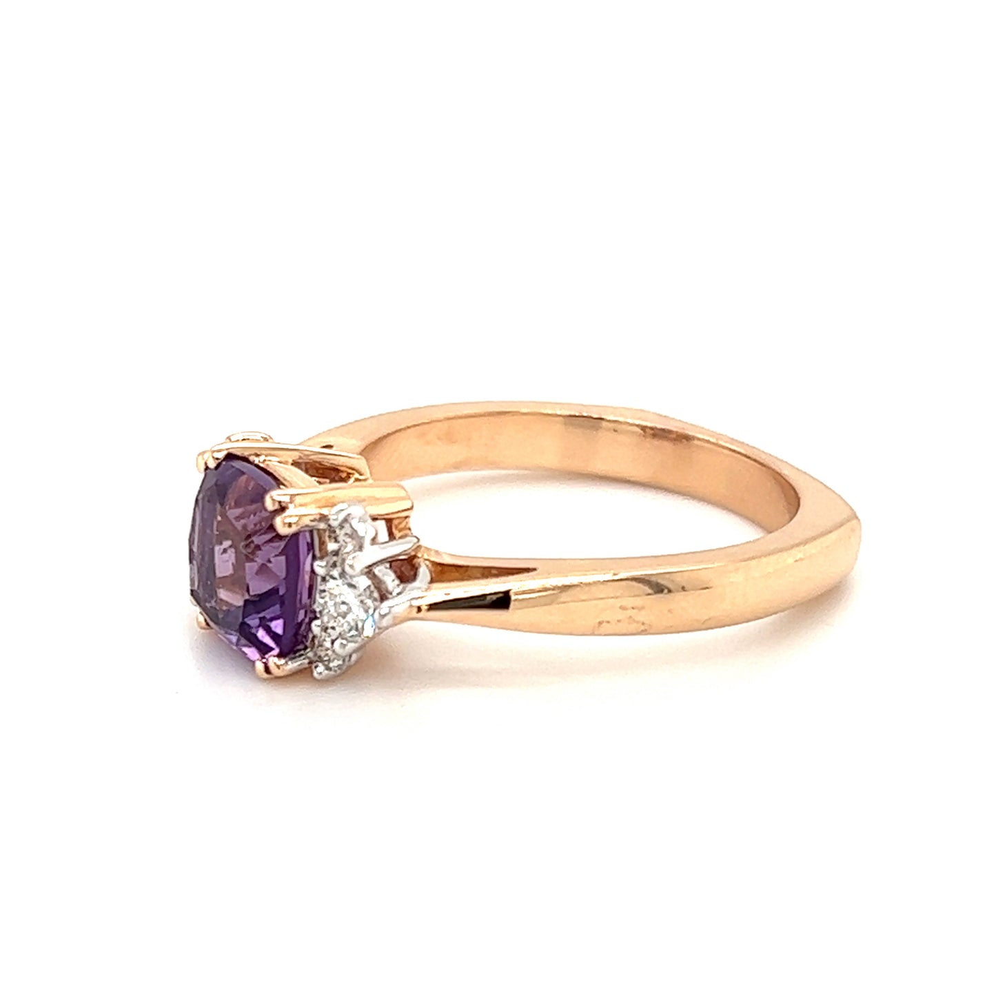 Cushion Amethyst Ring in 14K Rose Gold with Side Diamonds Left Side