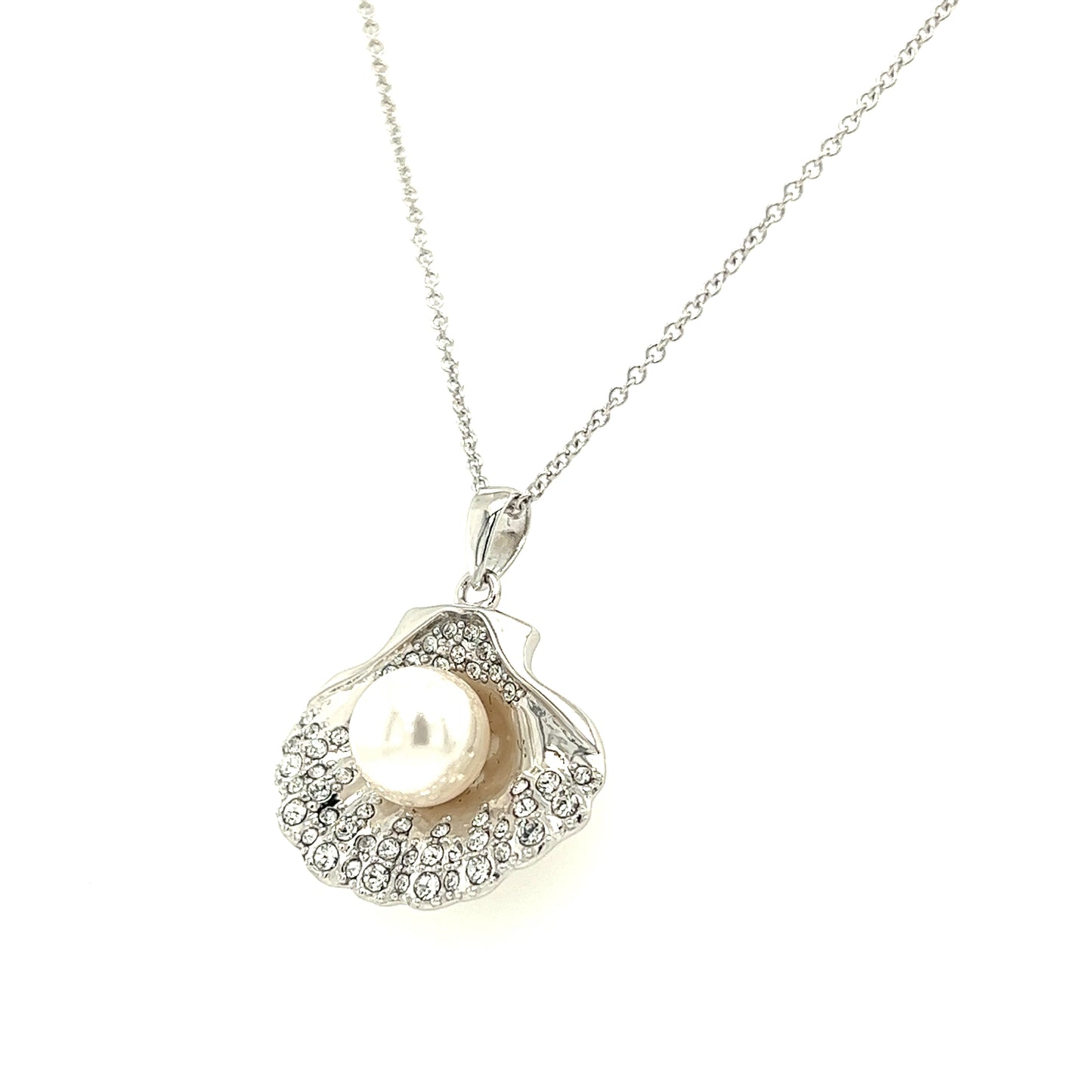 Scallop Shell Necklace with White Pearl and White Crystals in Sterling Silver Right Side View