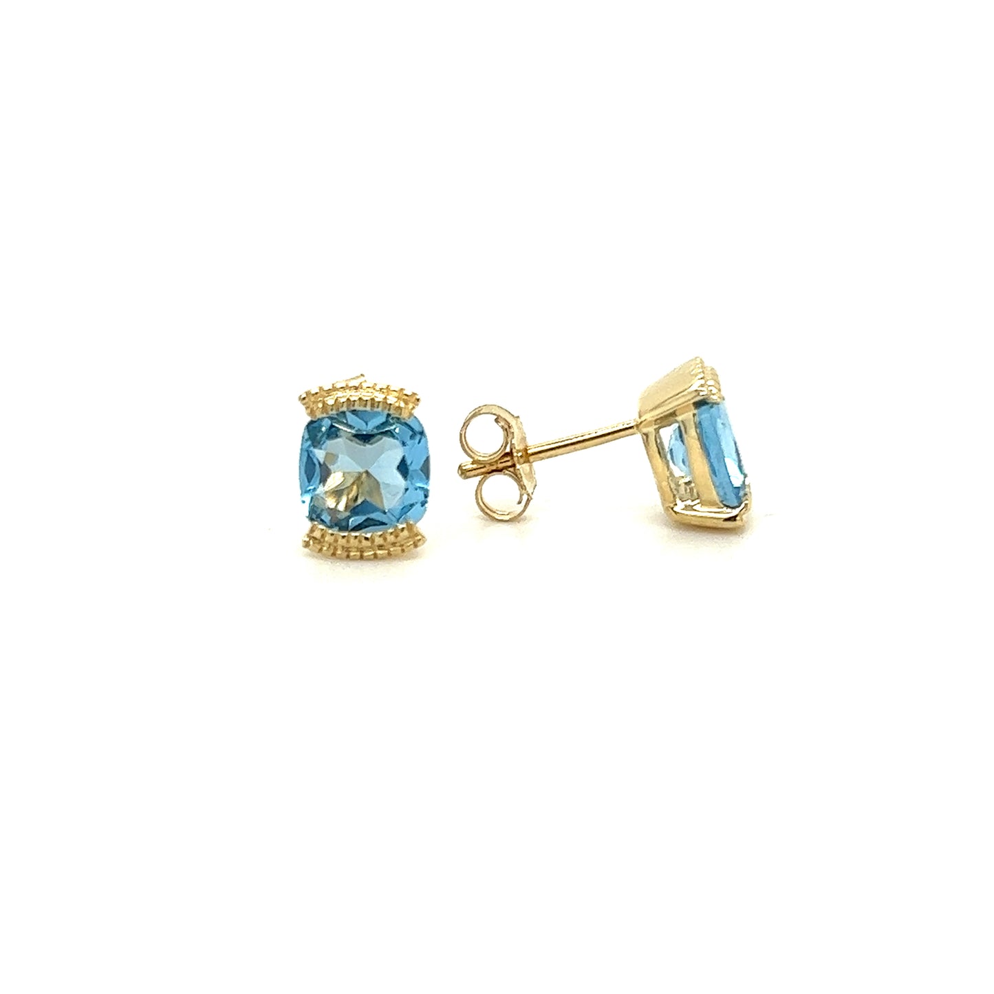 Cushion Blue Topaz Stud Earrings with 1.78ctw of Swiss Blue Topaz in 14K Yellow Gold Front and Side View
