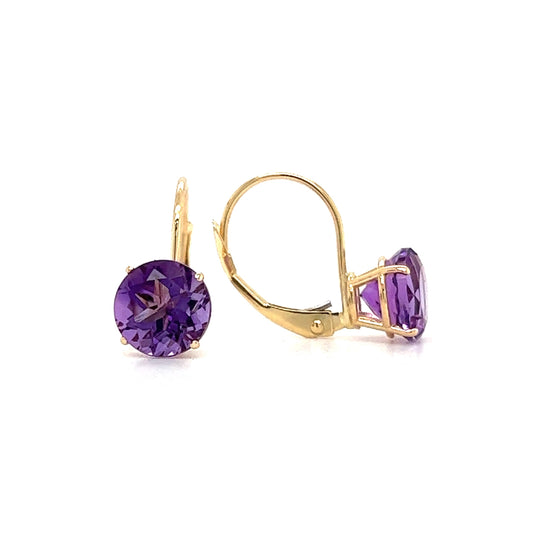 Leverback Amethyst Earrings in 14K Yellow Gold Front and Profile View