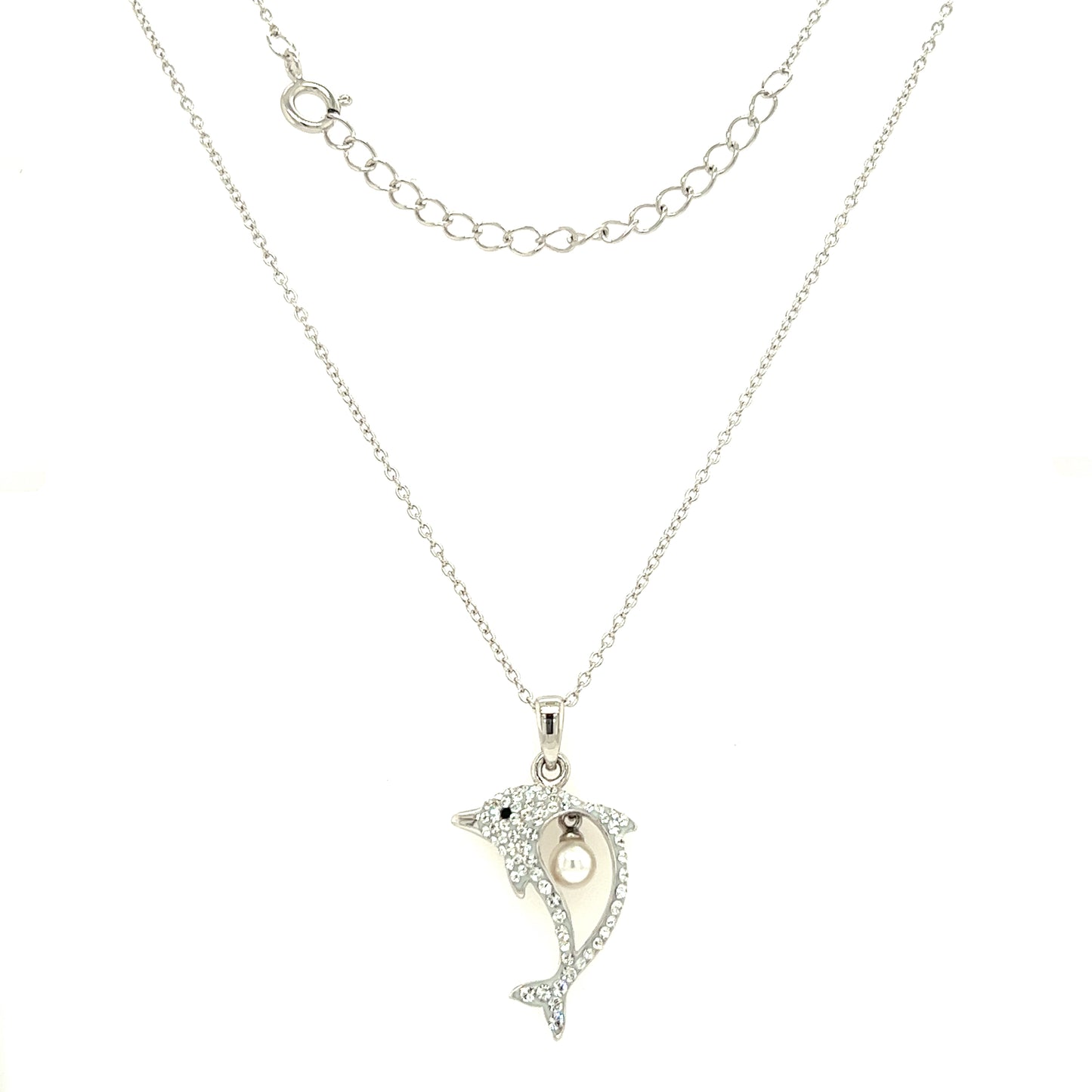 Dolphin Necklace With 4mm White Pearl and White Crystals in Sterling Silver Full Necklace Front View