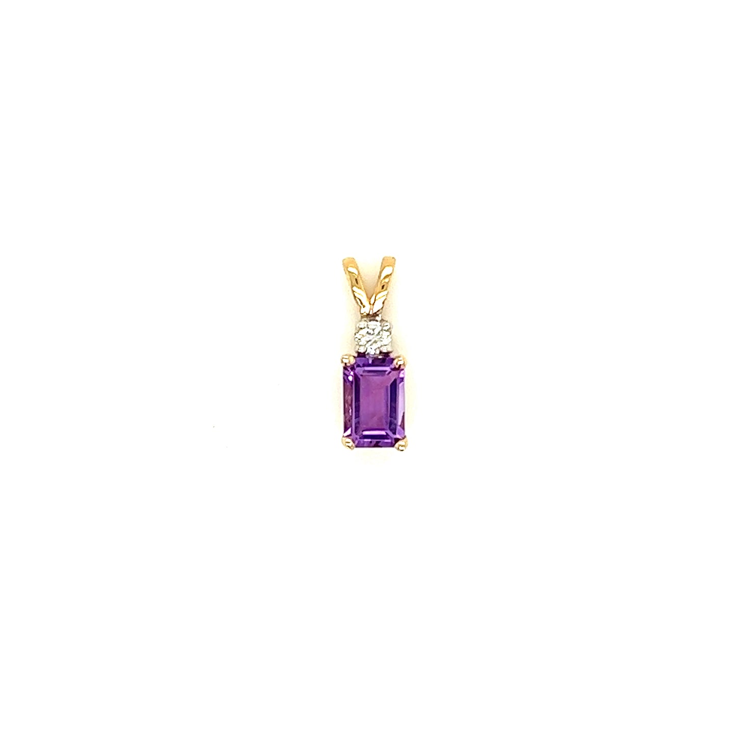 Baguette Amethyst Pendant with Diamond Accent is 14K Yellow Gold Front View