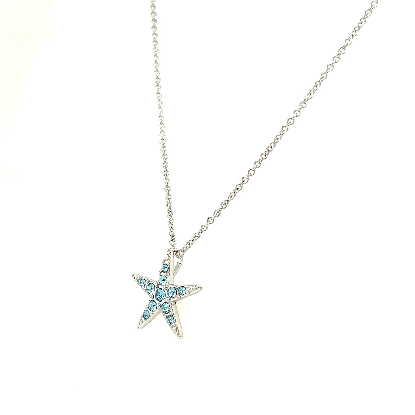 Starfish Necklace with Aqua Crystals in Sterling Silver Right Side View