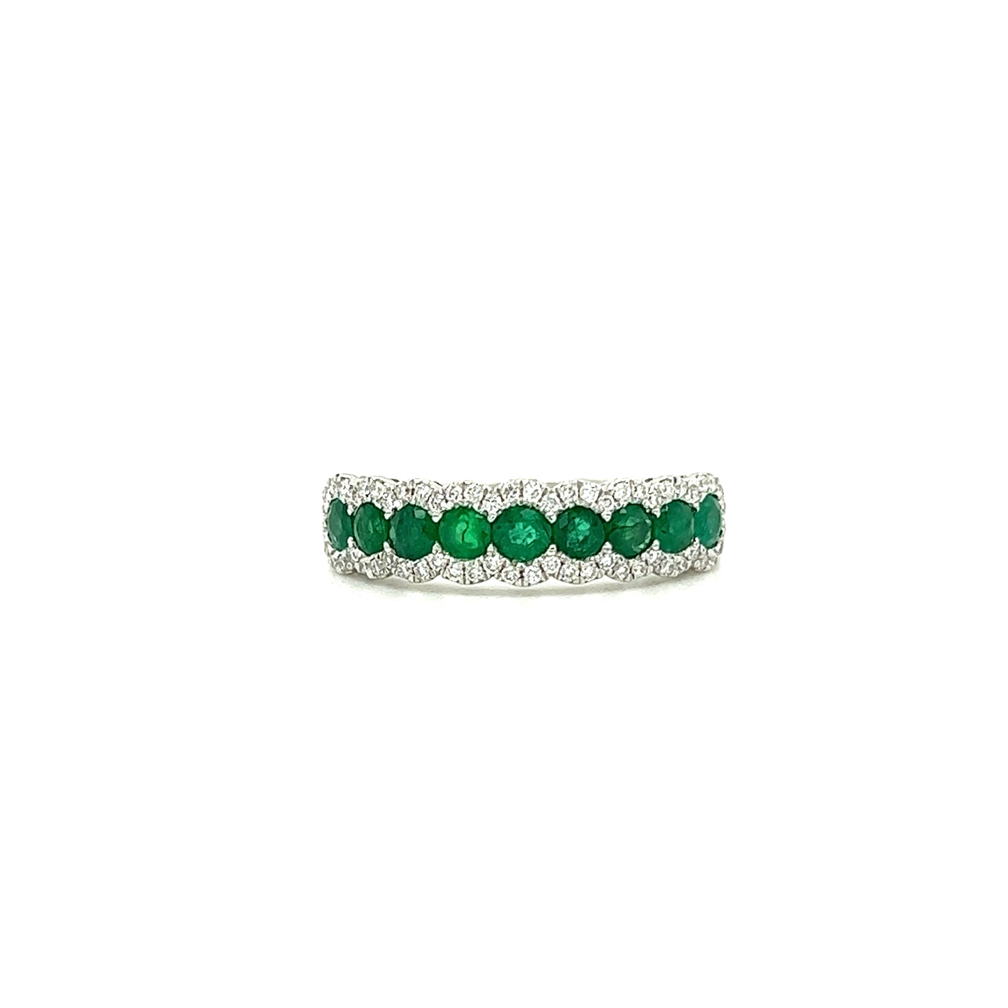 Round Emerald Ring with Sixty Accent Diamonds in 14K White Gold Front View