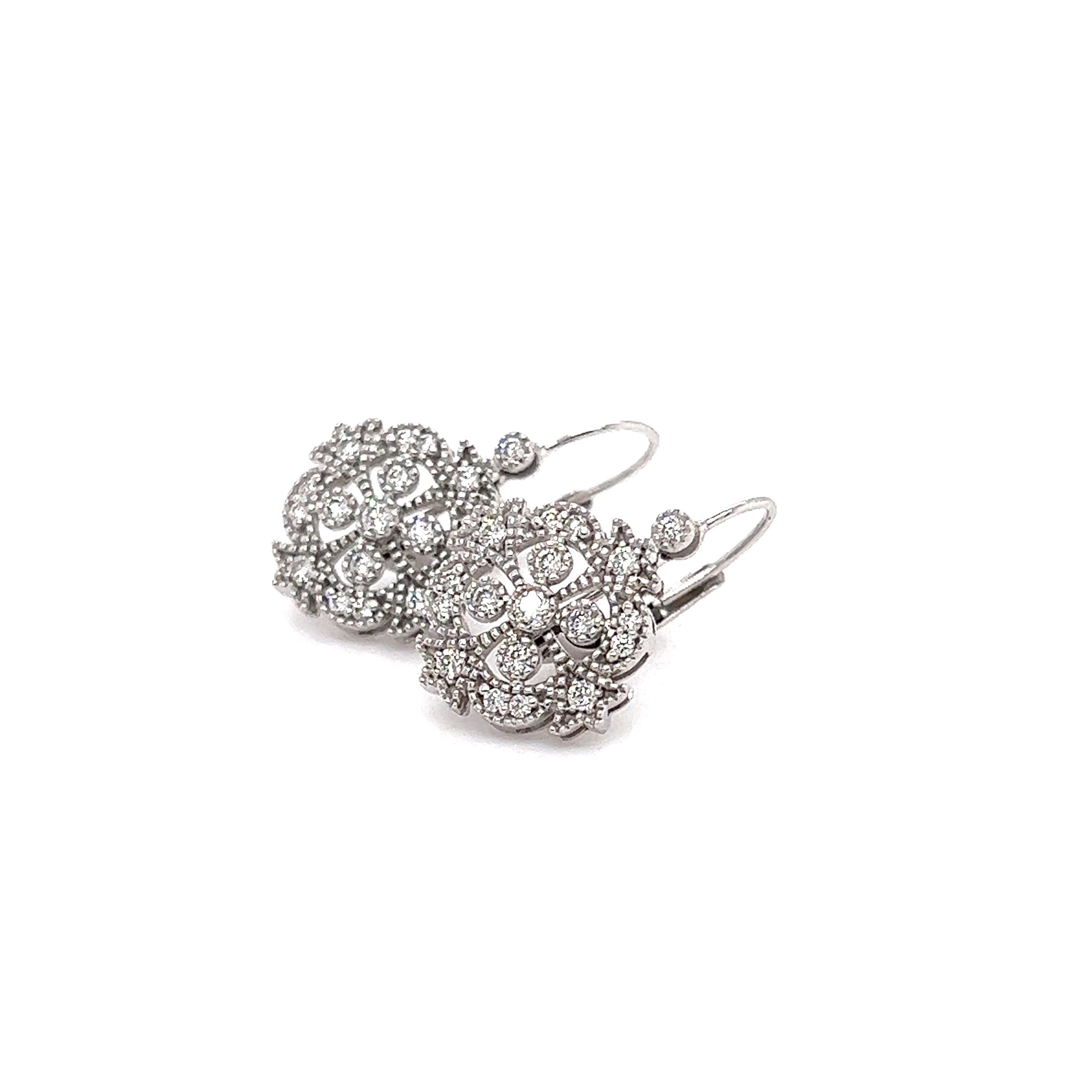 Diamond Dangle Earrings with Milgrain Details in 14K White Gold Side View